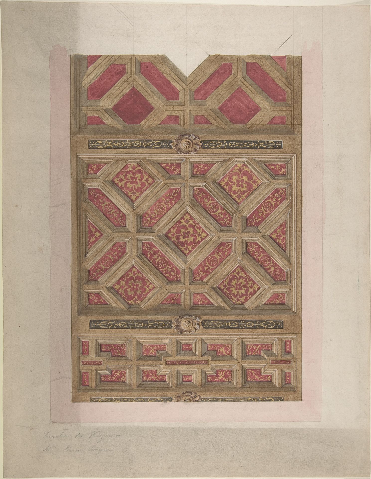Design for Coffered Ceiling in Red and Gold by Jules-Edmond-Charles Lachaise