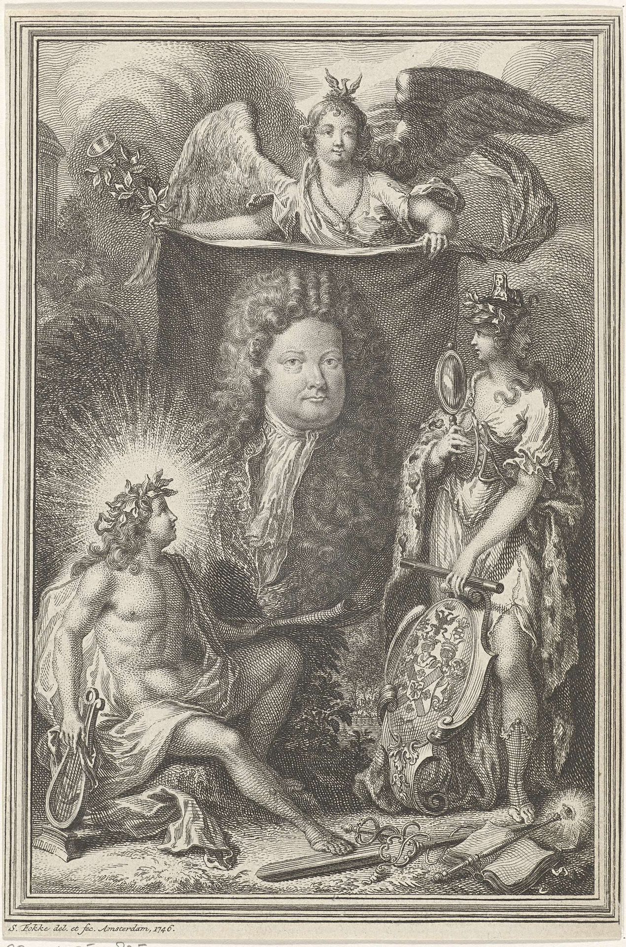Portret van een mansbuste omringd door allegorische figuren by Simon Fokke