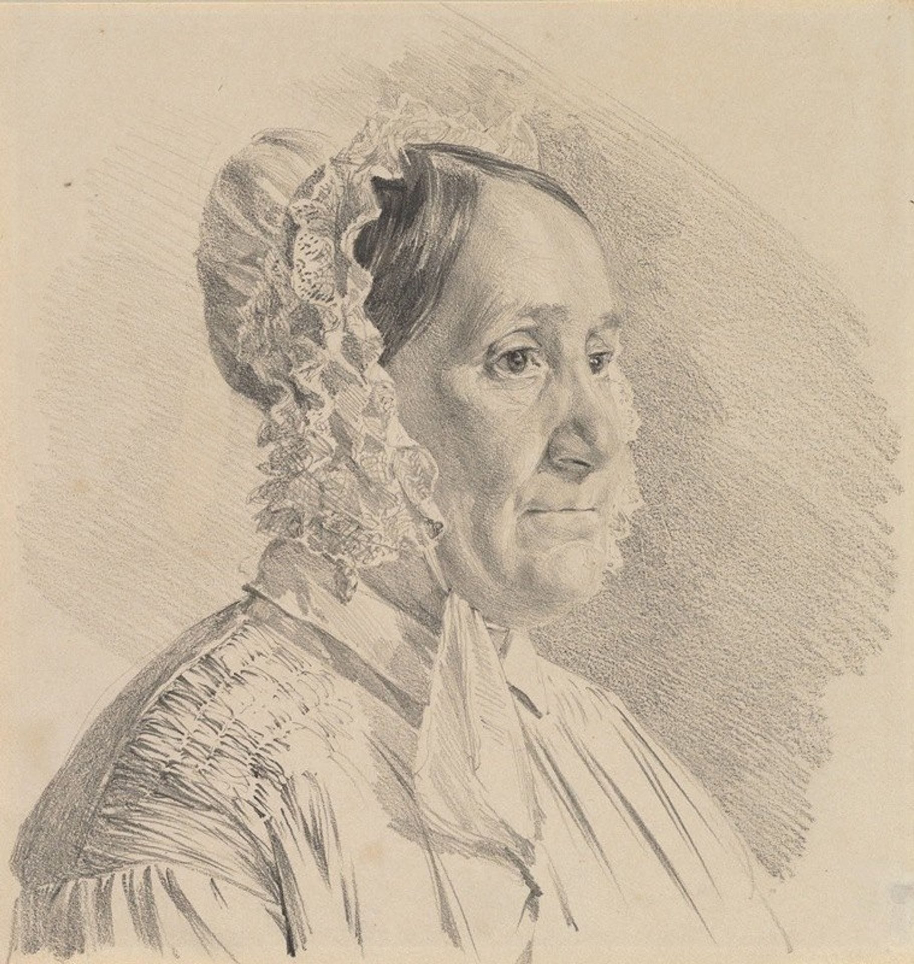 Portrait of a Woman in a Lace Bonnet, in three-quarter profile to the left by Ferdinand Georg Waldmüller
