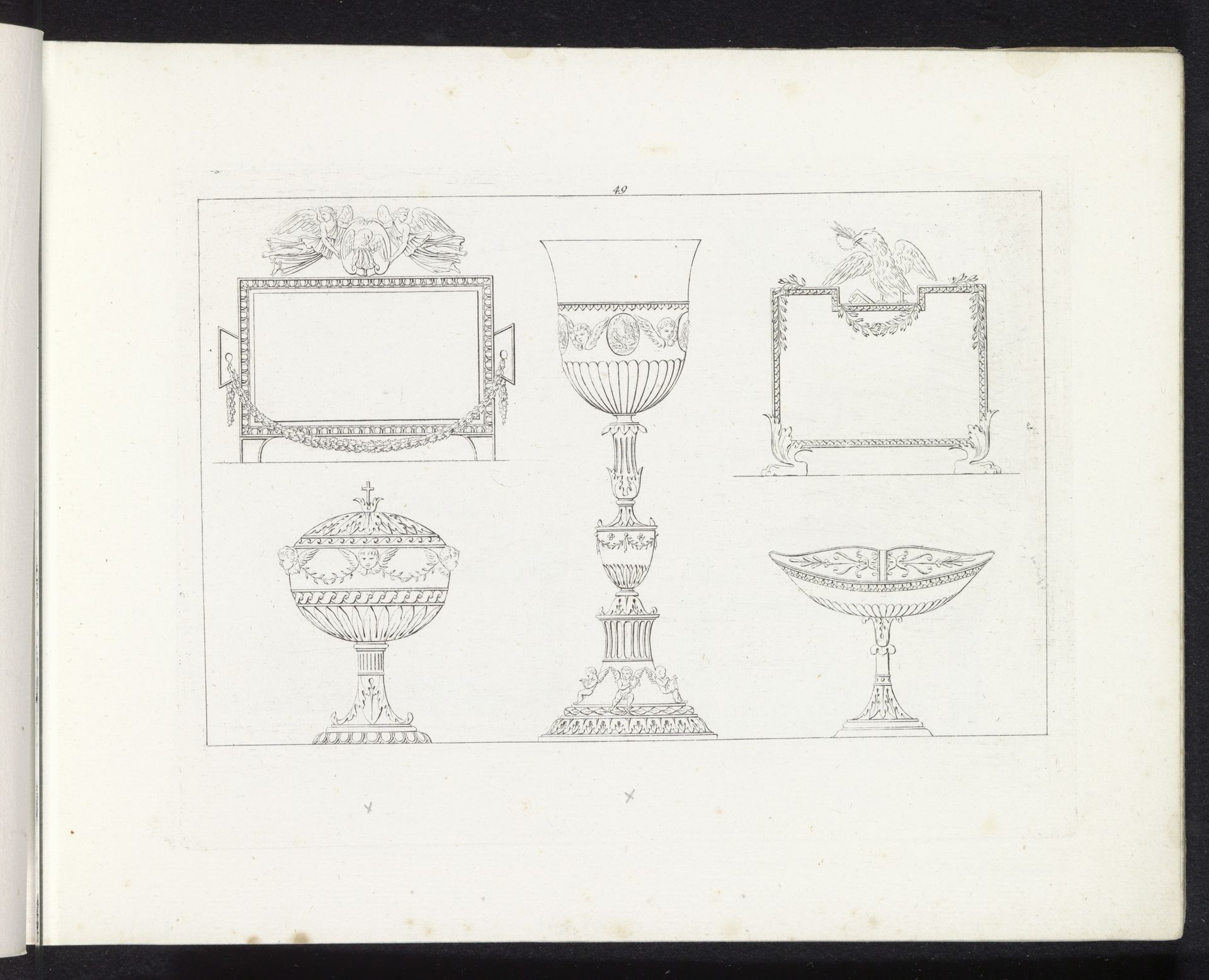 Twee haardschermen, een urn, een kelk en een schaal by Pietro Ruga
