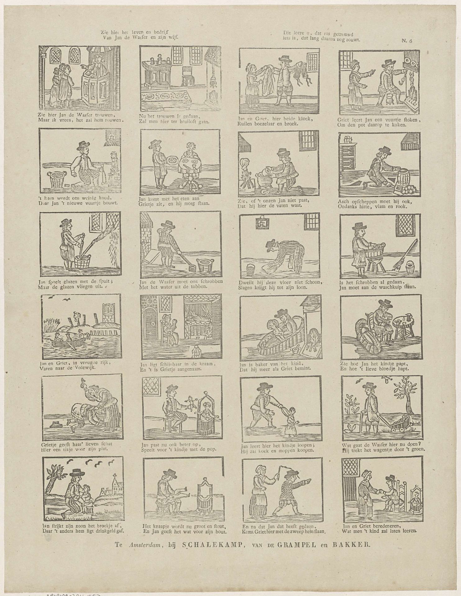 Zie hier het leven en bedrijf / Van Jan de Wasser en zijn wijf. / Die leere u, dat ras getrouwd / Iets is, dat lang daarna nog rouwt by Jan de (II) Lange