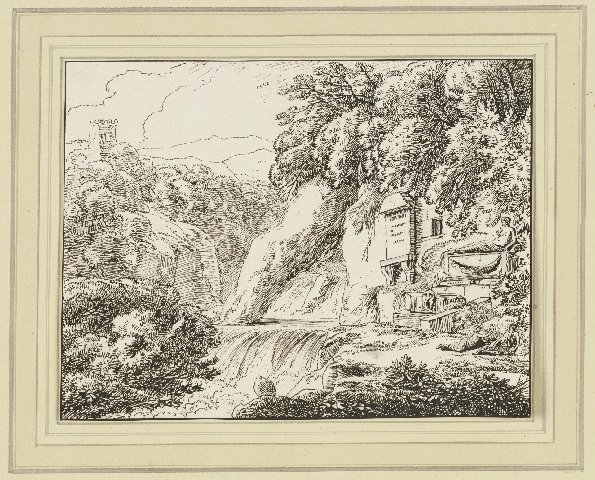 Landschaft mit Wasserfall, rechts ein Epitaph sowie ein Sarkophag by Franz Kobell