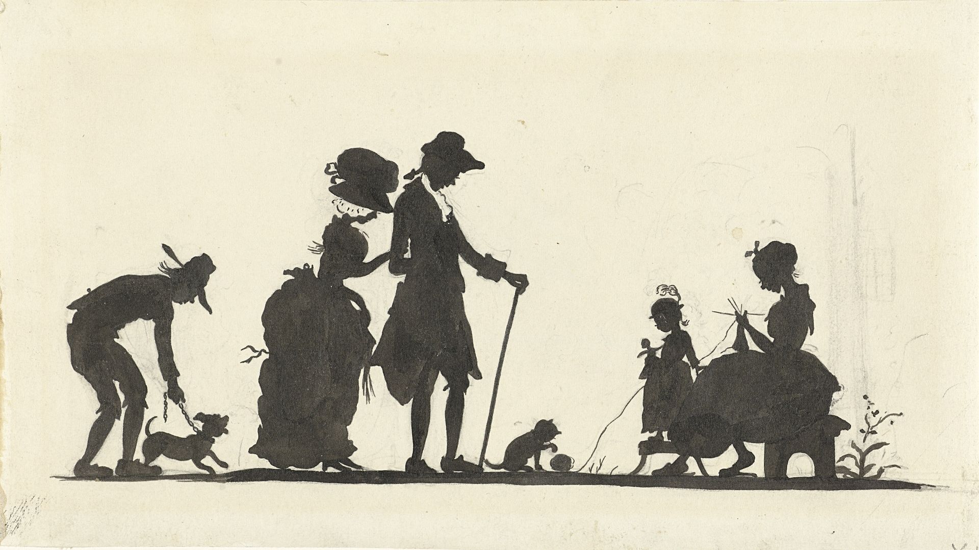 Ontwerp voor illustratie voor In Holland staat een huis: silhouet van de familie met de hond en de kat by Nelly Bodenheim