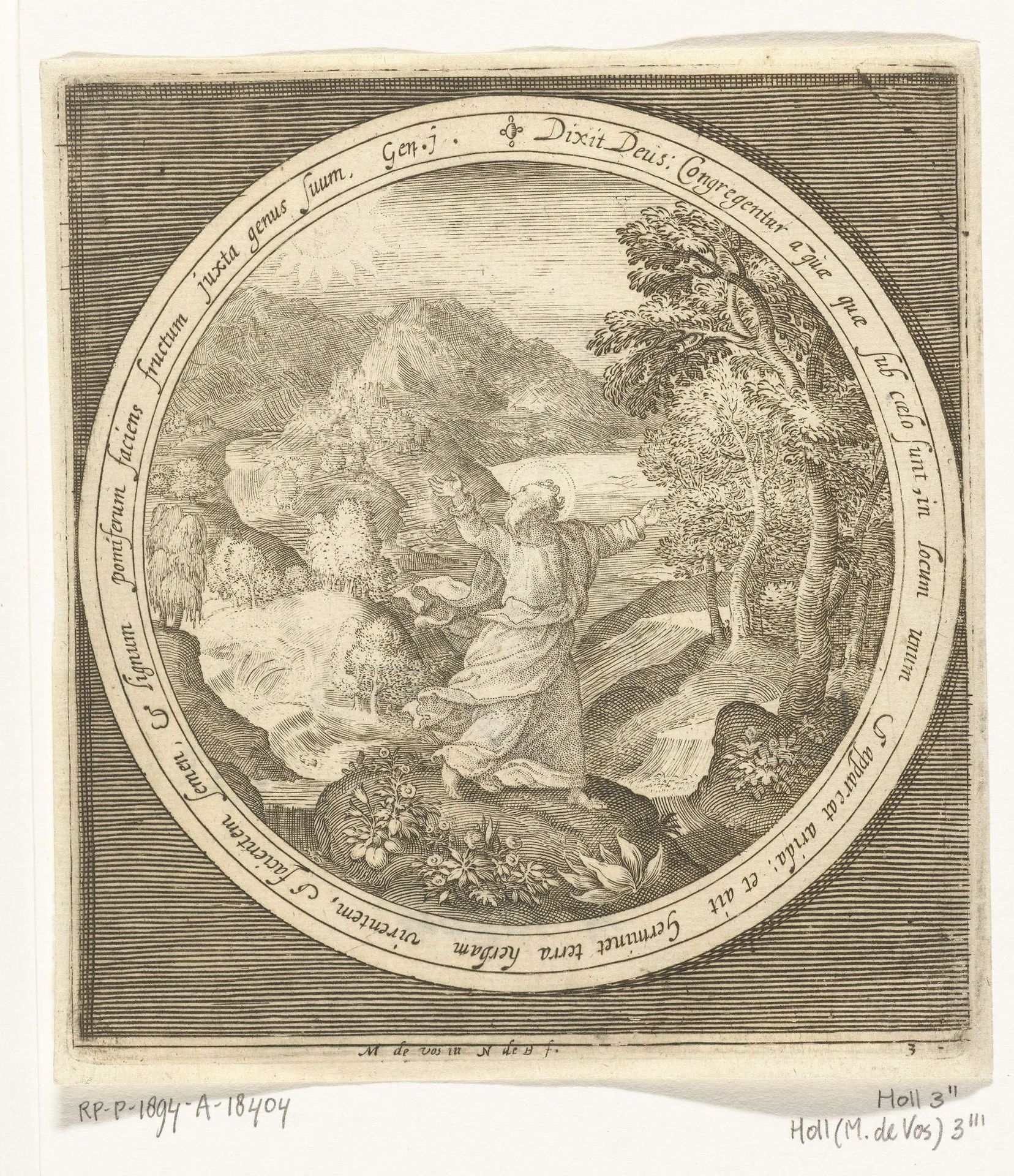 Derde dag van schepping: God schept land en zaadvormende planten en bomen met vruchten die zaden dragen by Nicolaes de Bruyn