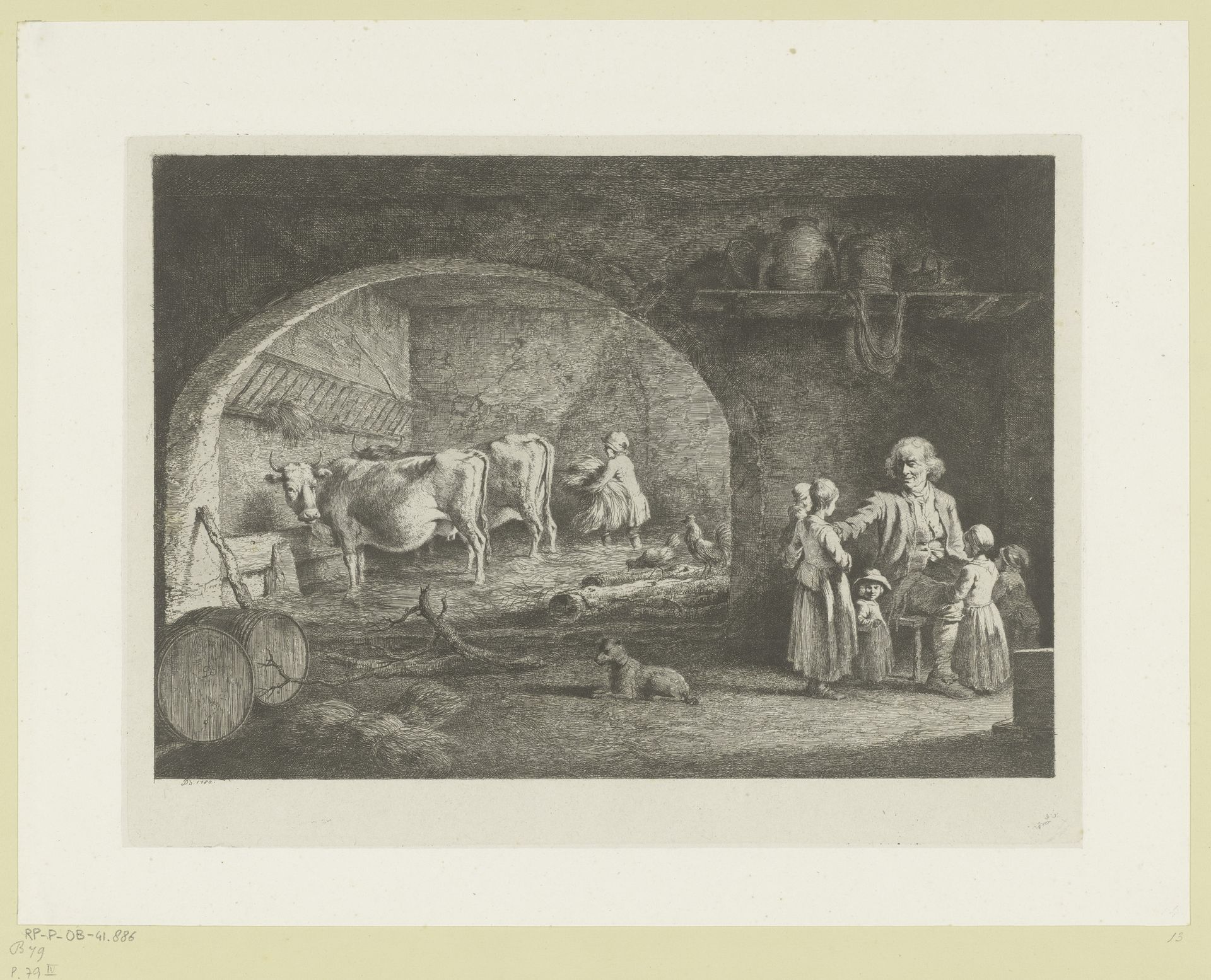 Stalinterieur met een man omringd door vijf kinderen by Jean Jacques de Boissieu