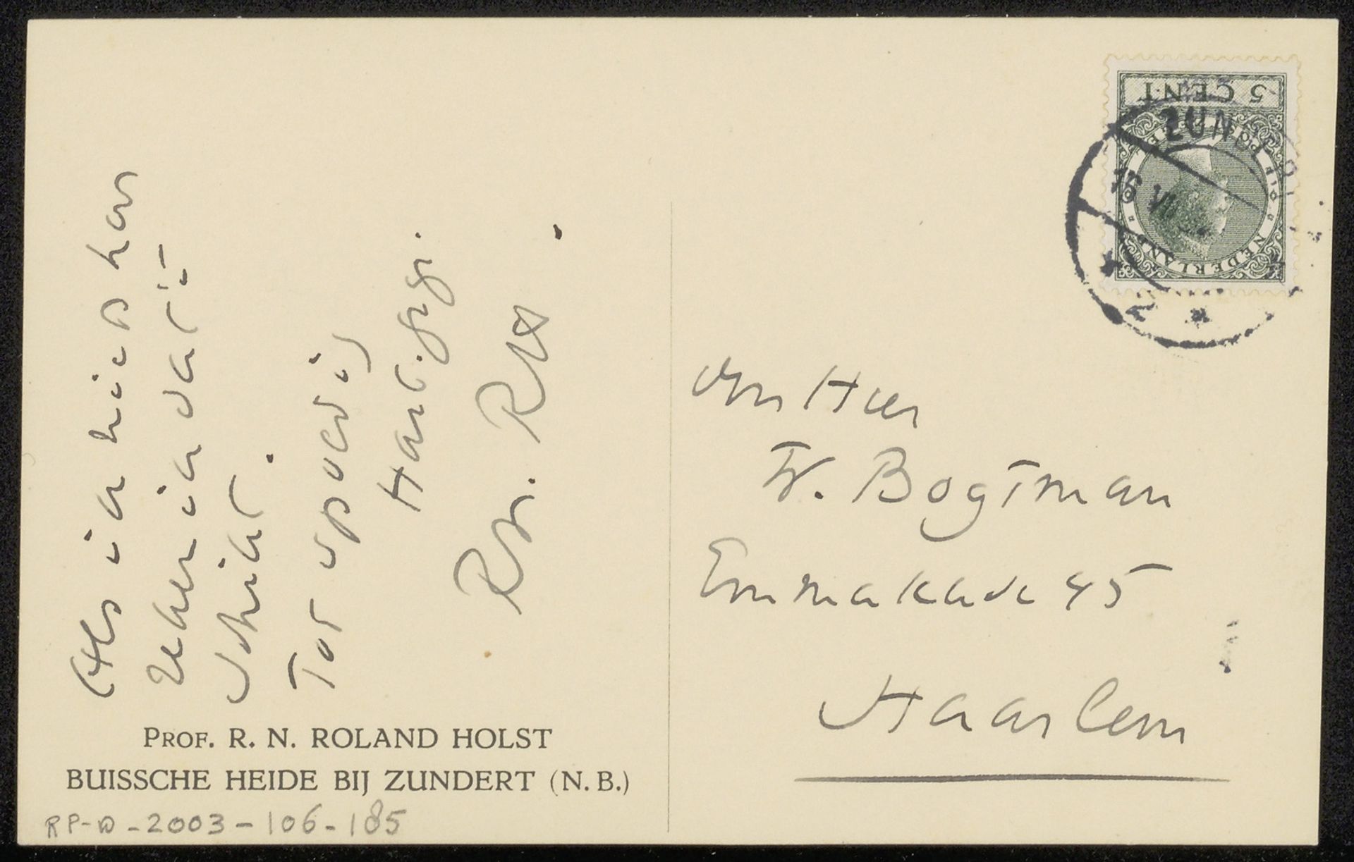 Briefkaart aan Willem Bogtman by Richard Nicolaüs Roland Holst