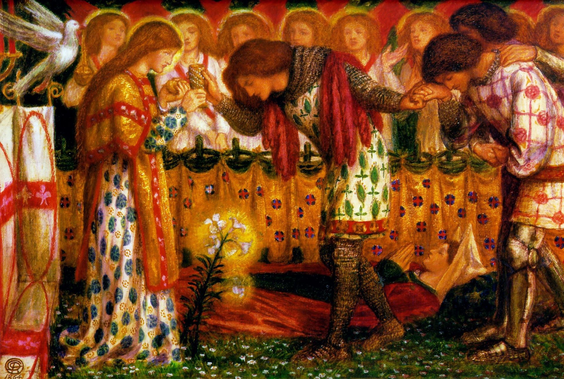 How Sir Galahad, Sir Bors and Sir Percival Were Fed with the Sanct Grael; but Sir Percival’s Sister Died by the Way by Dante Gabriel Rossetti