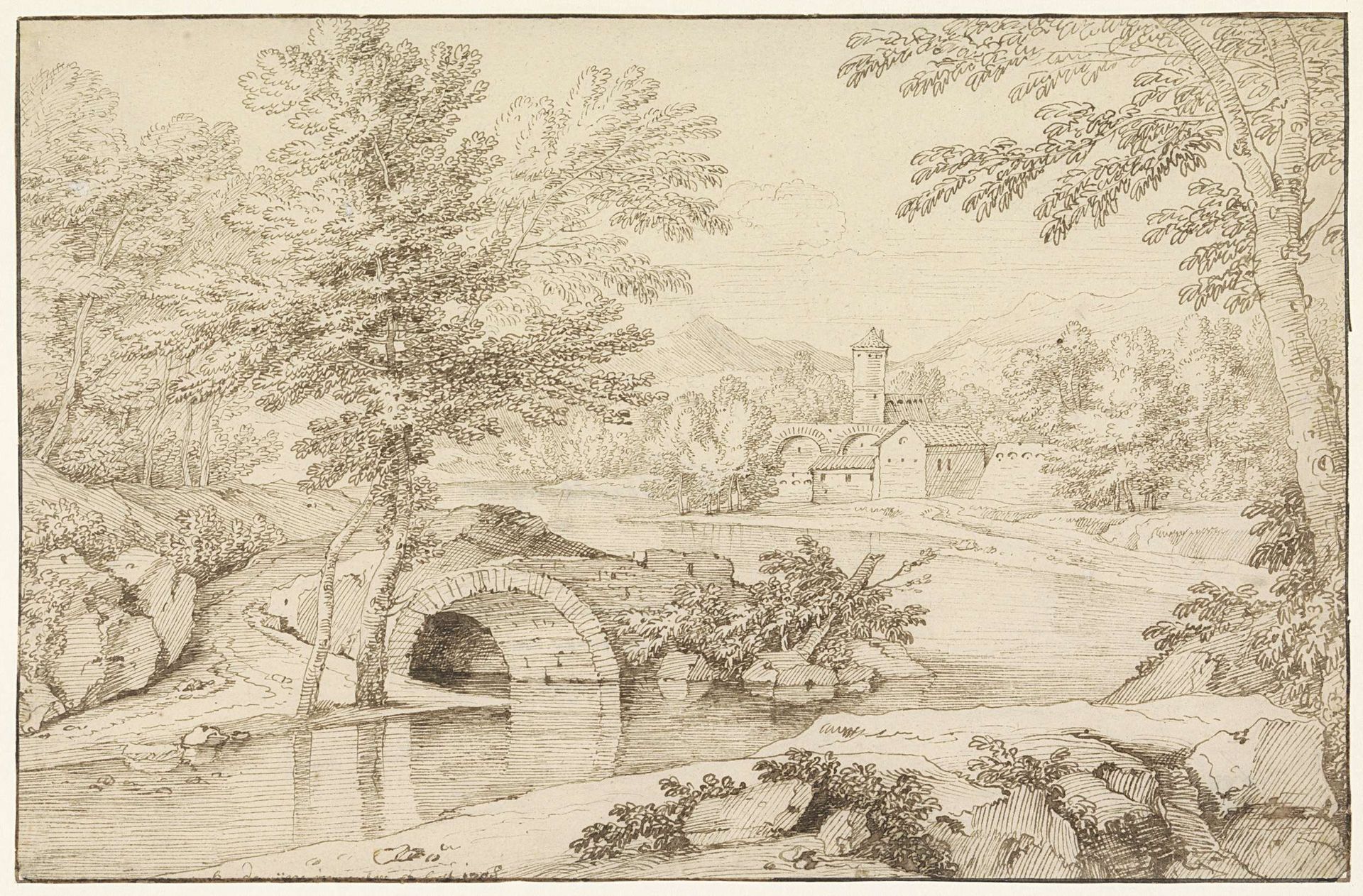 Italiaans landschap met ruïne van een brug by Frans Boudewijns