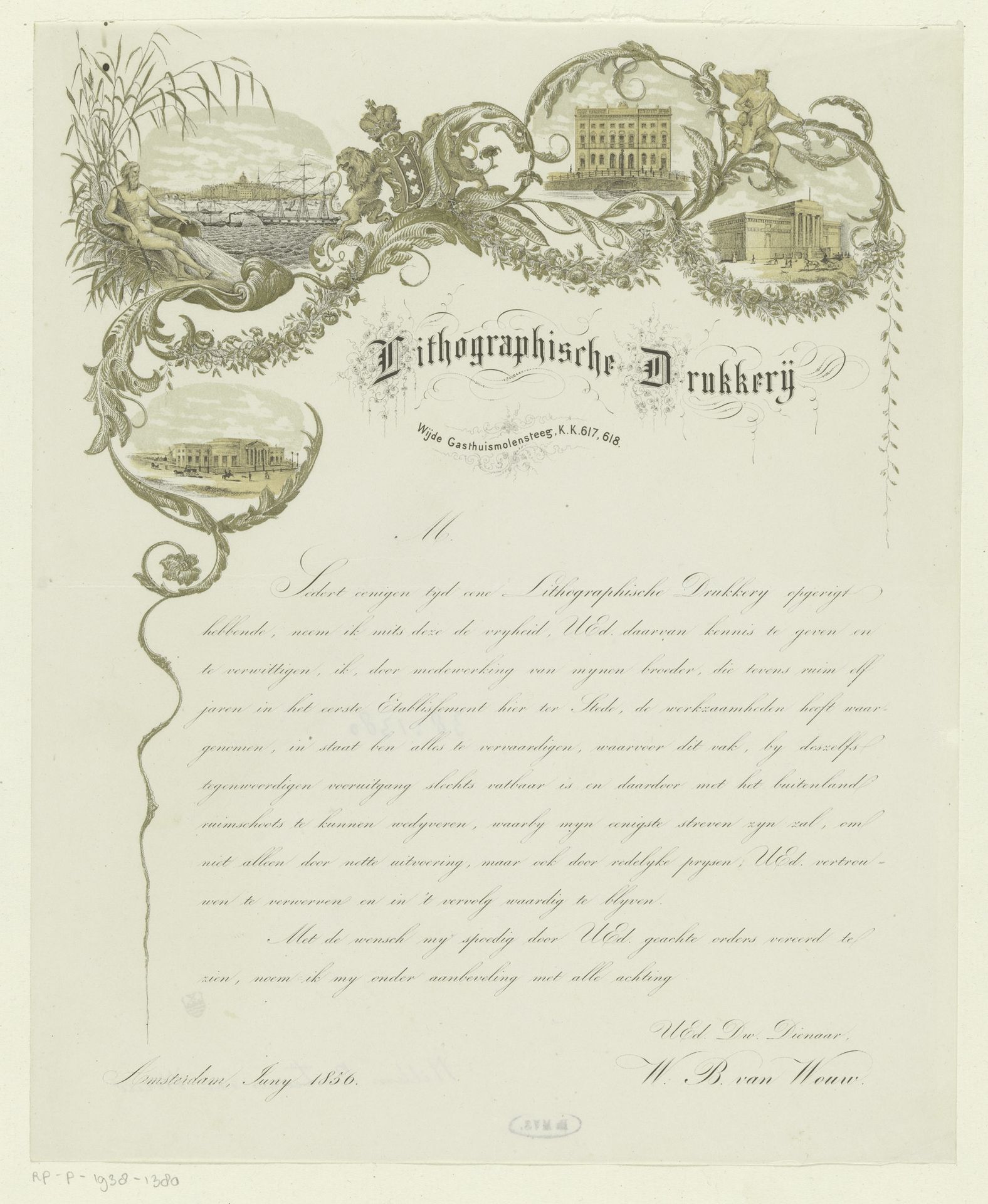 Aankondigingsblad met randvignetten voor de lithografische drukkerij van W.B. van Wouw by Willem Bastiaan van Wouw