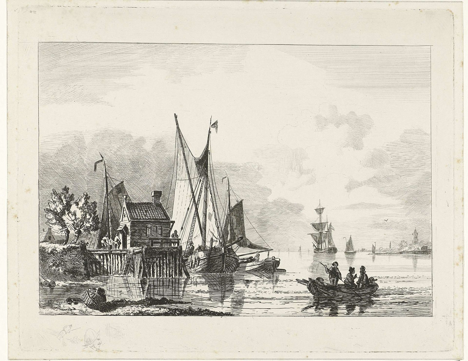 Riviergezicht met aangemeerde zeilschepen by Willem Gruyter jr.