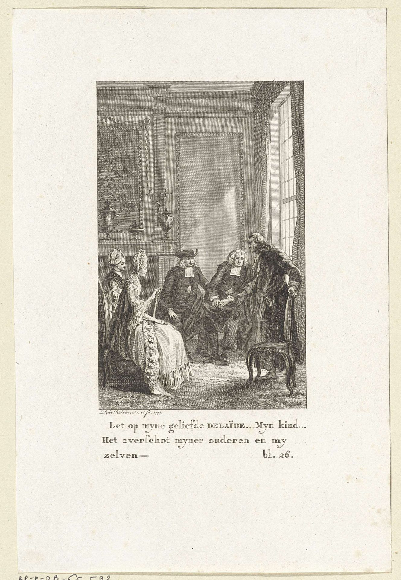 Man spreekt tot twee mannen en twee vrouwen by Reinier Vinkeles