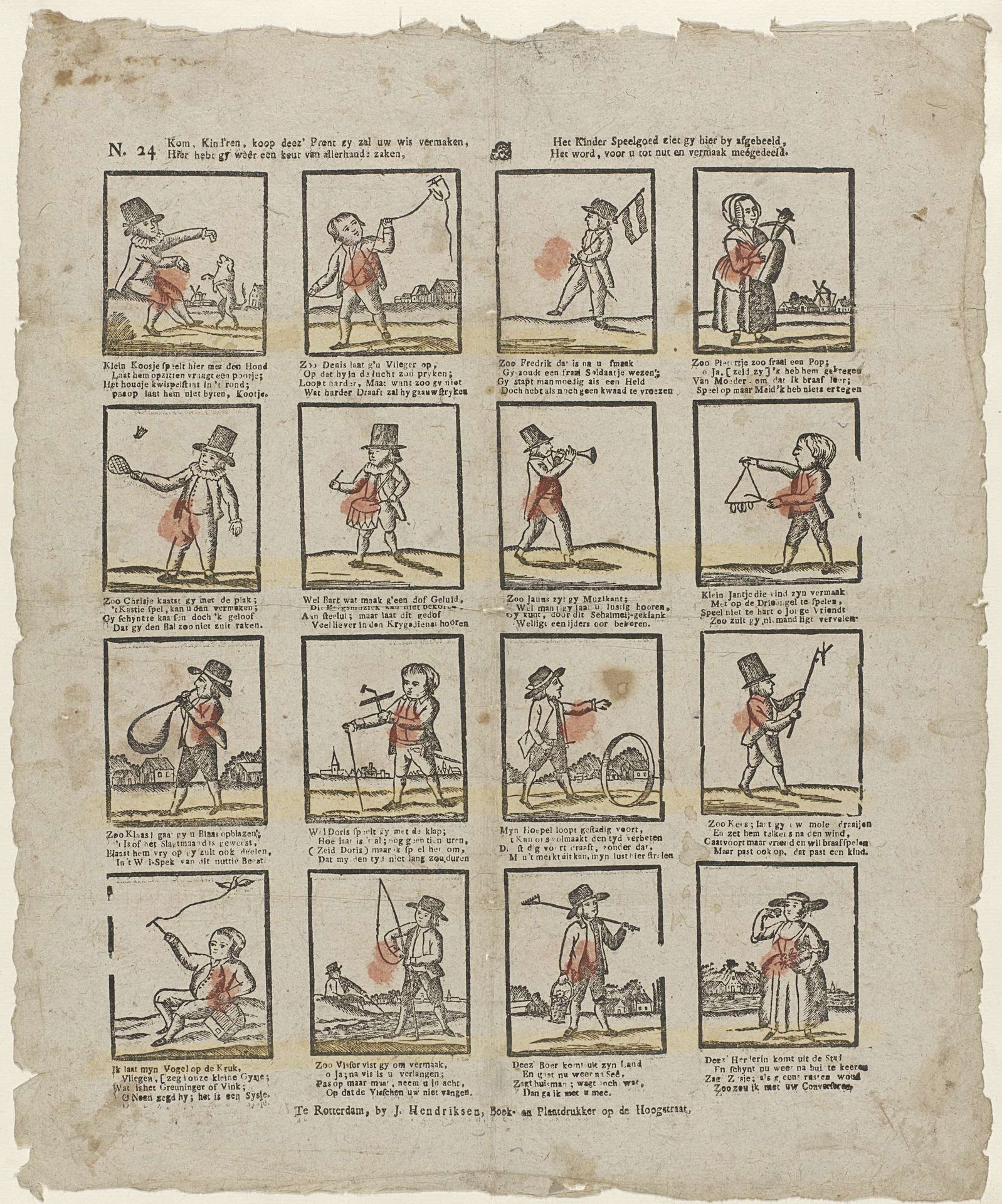 Kom, kind'ren, koop deez' prent zy zal uw wis vermaken, / Hier hebt gy wêêr een keur van allerhande zaken, / Het kinder speelgoed ziet gy hier by afgebeeld, / Het word, voor u tot nut en vermaak meégedeeld by Jan Hendriksen