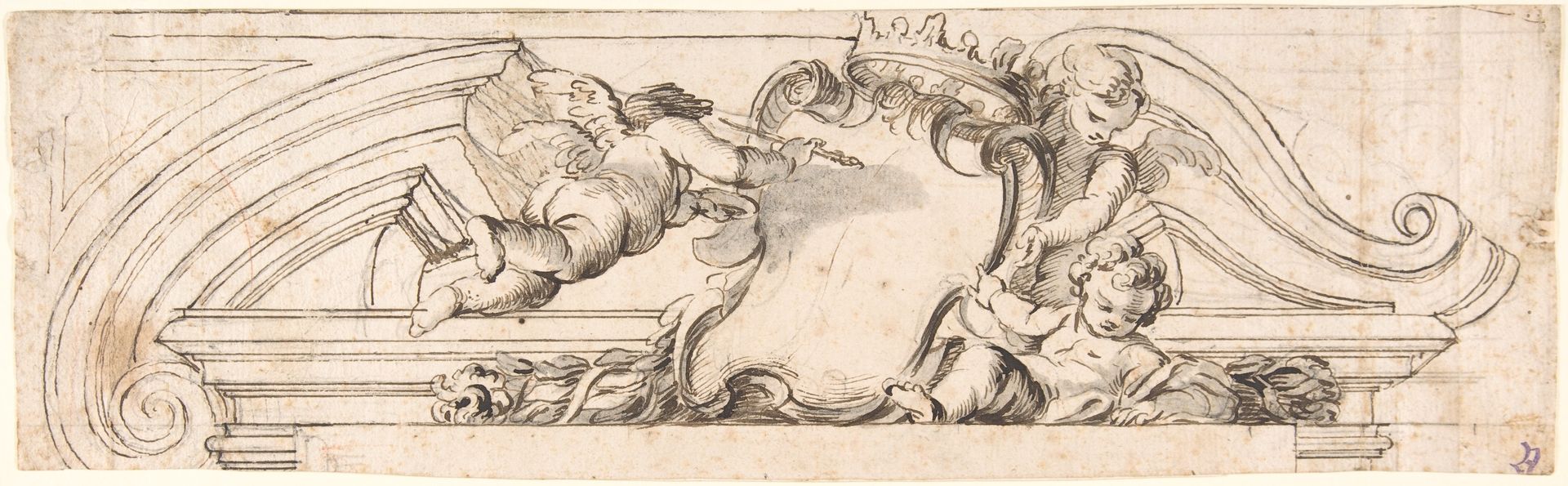 Design for a Pediment with Putti and a Blank Escutcheon by Anonymous