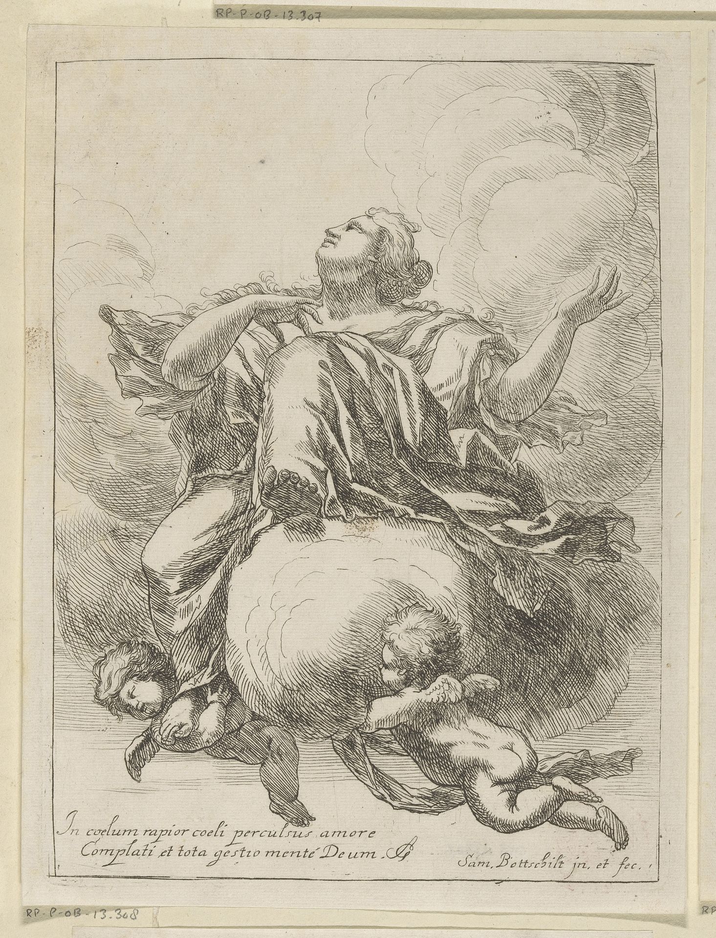 Vrouw op een wolk, opgetild naar de hemel door twee putti by Samuel Bottschild