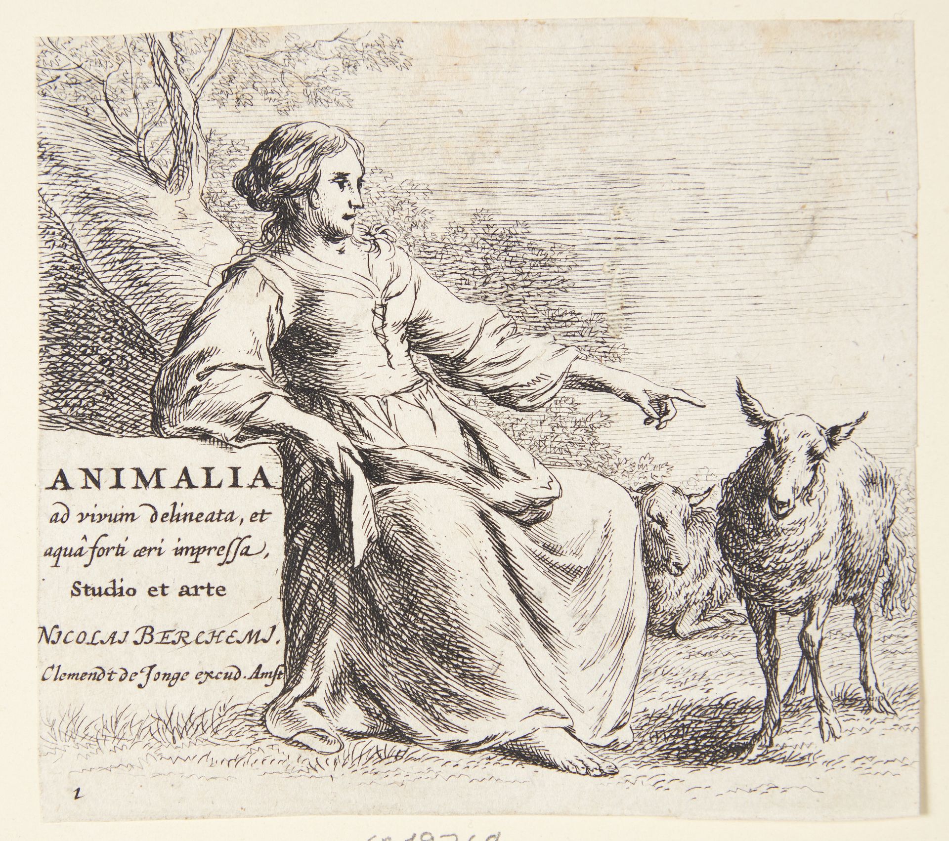 Hyrdinde med et får. Titelblad til "Får" by Nicolaes Berchem