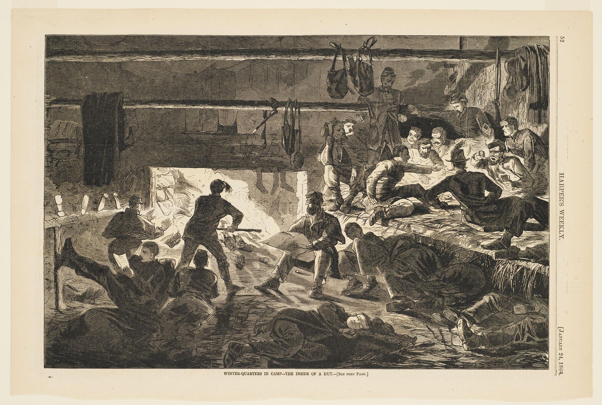 Winter-Quarters in Camp - Inside of a Hut by Anonymous