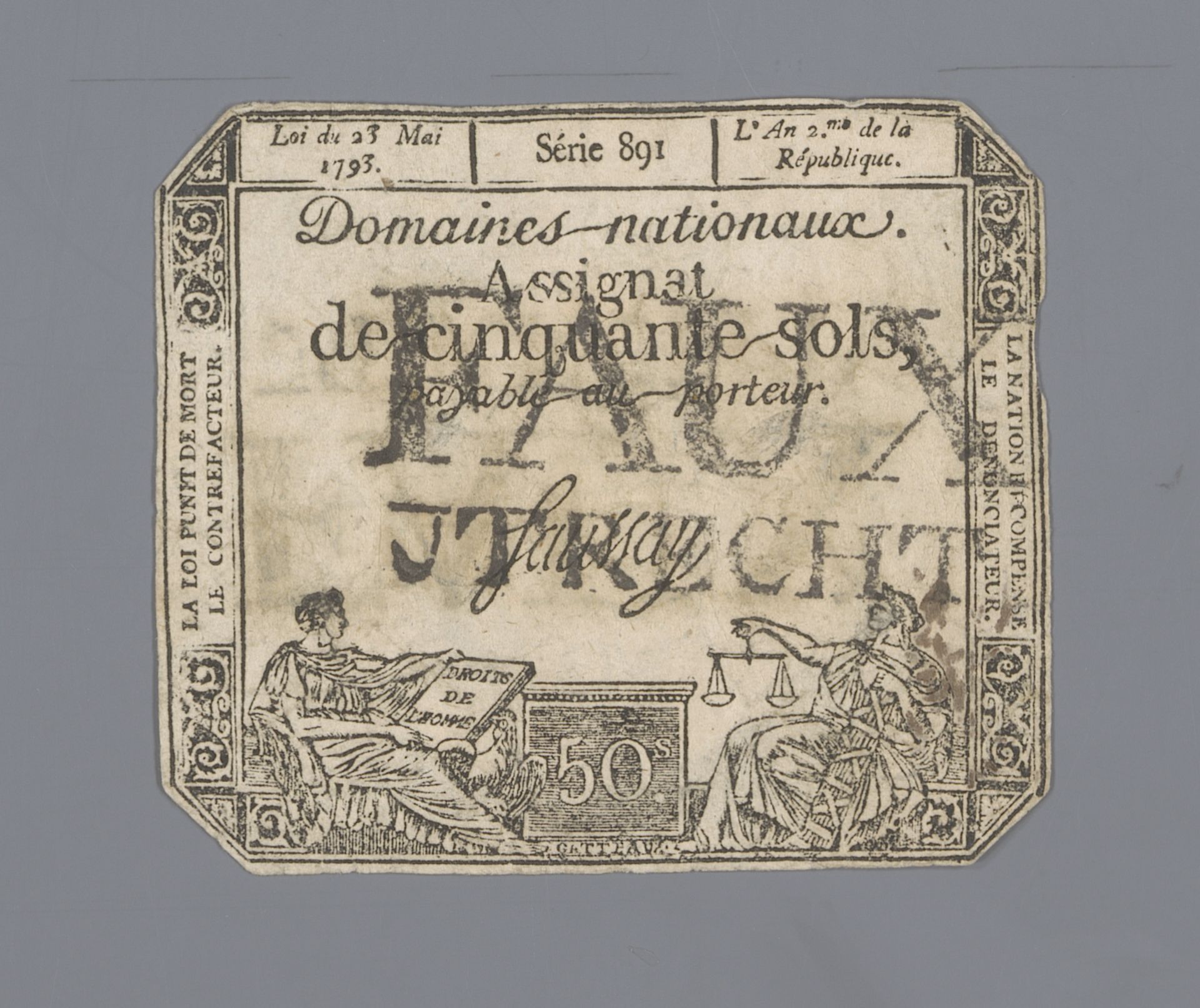 Te Utrecht ongeldig gemaakte assignat van vijftig sols, serie 891, uitgegeven 23 mei 1793 by Nicolas Marie Gatteaux