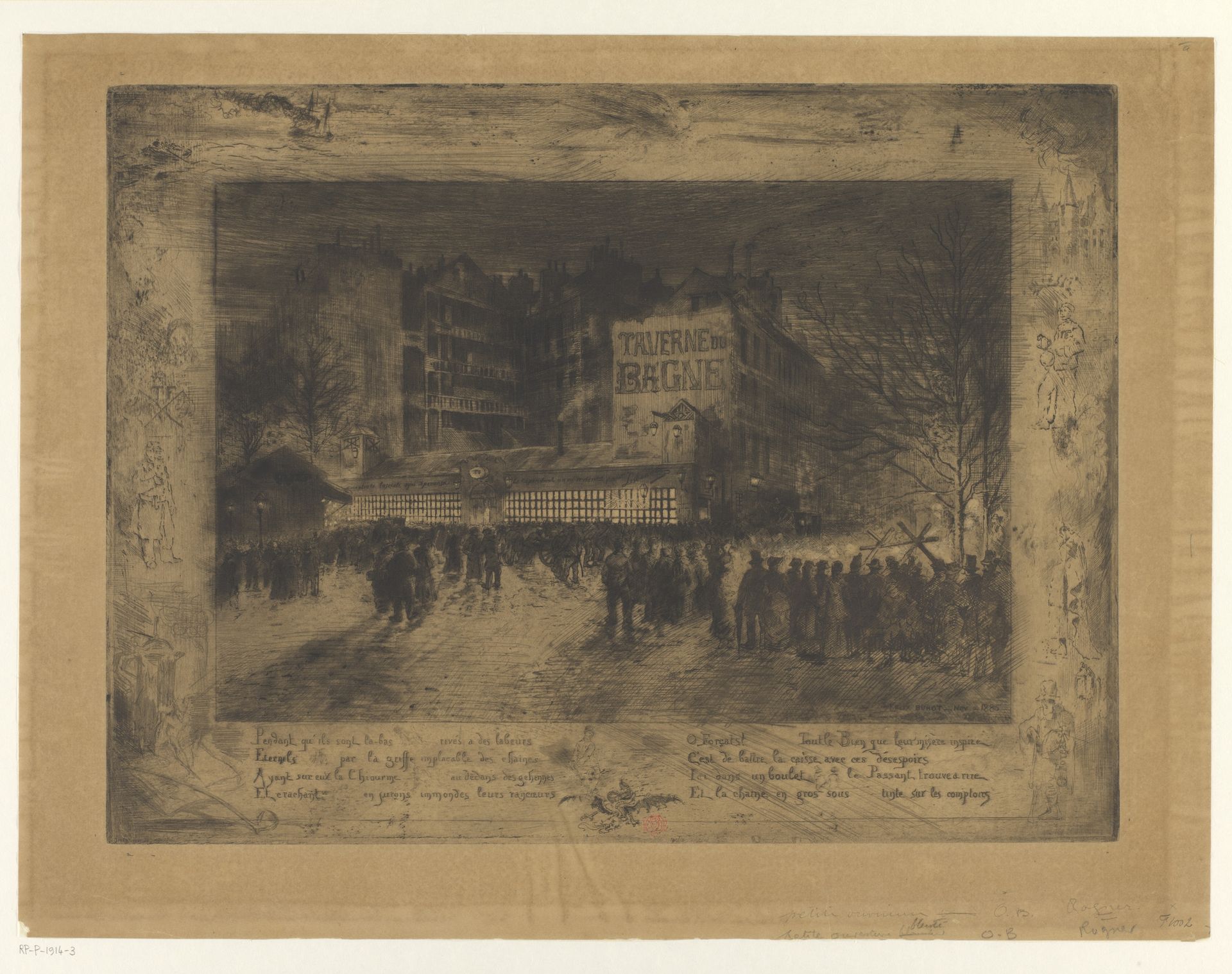 Gezicht op Place des Martyrs-Juifs-du-Vélodrome-d'Hiver met de Taverne du Bagne bij nacht by Félix Hilaire Buhot