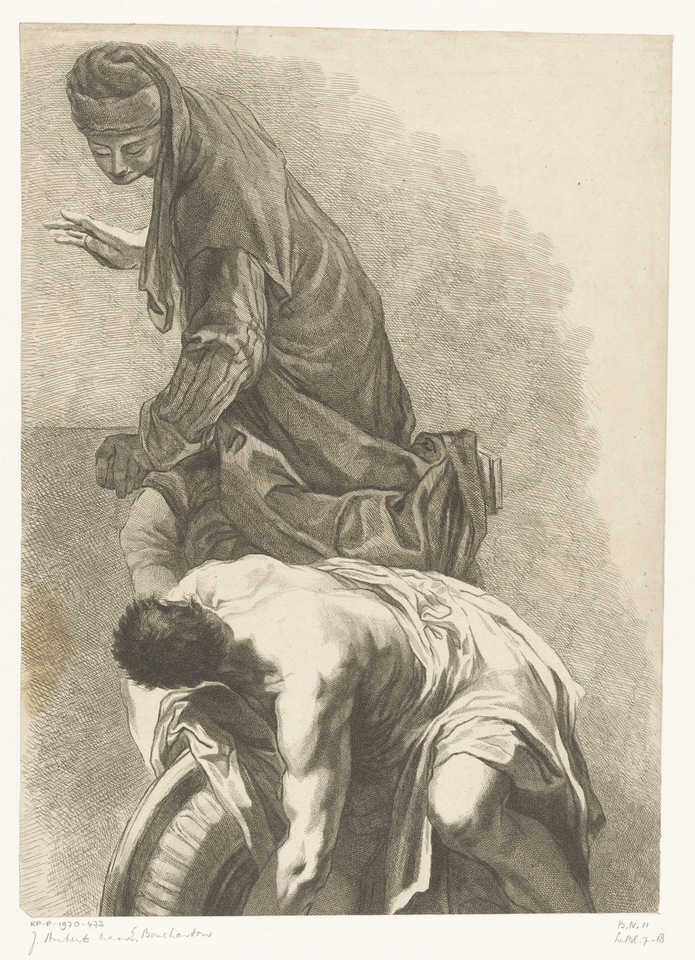 Staande figuur naast een voorovergebogen man met ontbloot bovenlijf by Jean Aubert