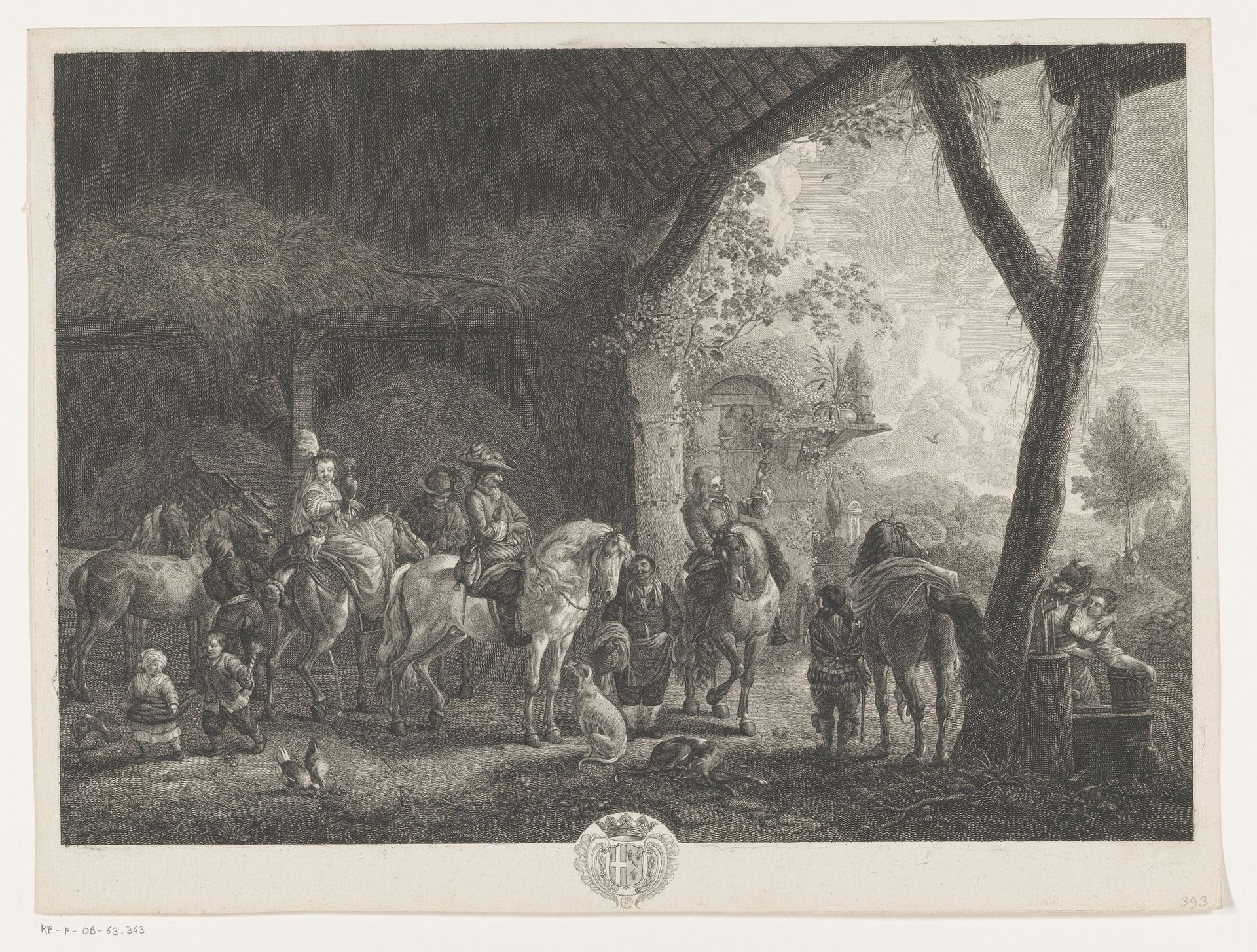 Jachtgezelschap, vertrekkend uit een stal by Jean Moyreau