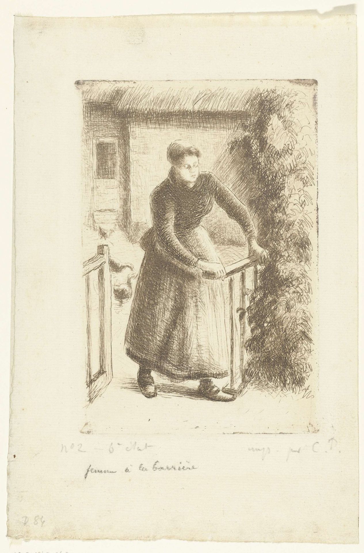 Vrouw bij een hekje by Camille Pissarro