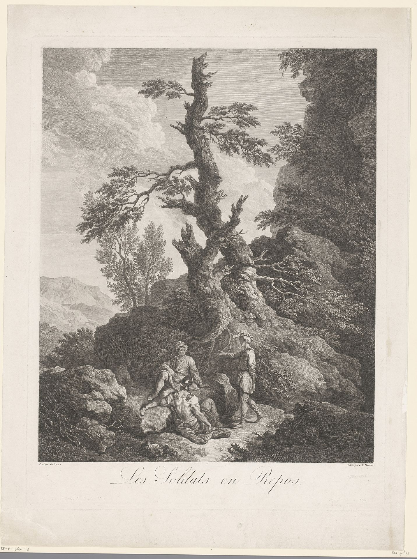 Rustende soldaten voor een boom in een rotsachtig landschap by Jean Charles Le Vasseur