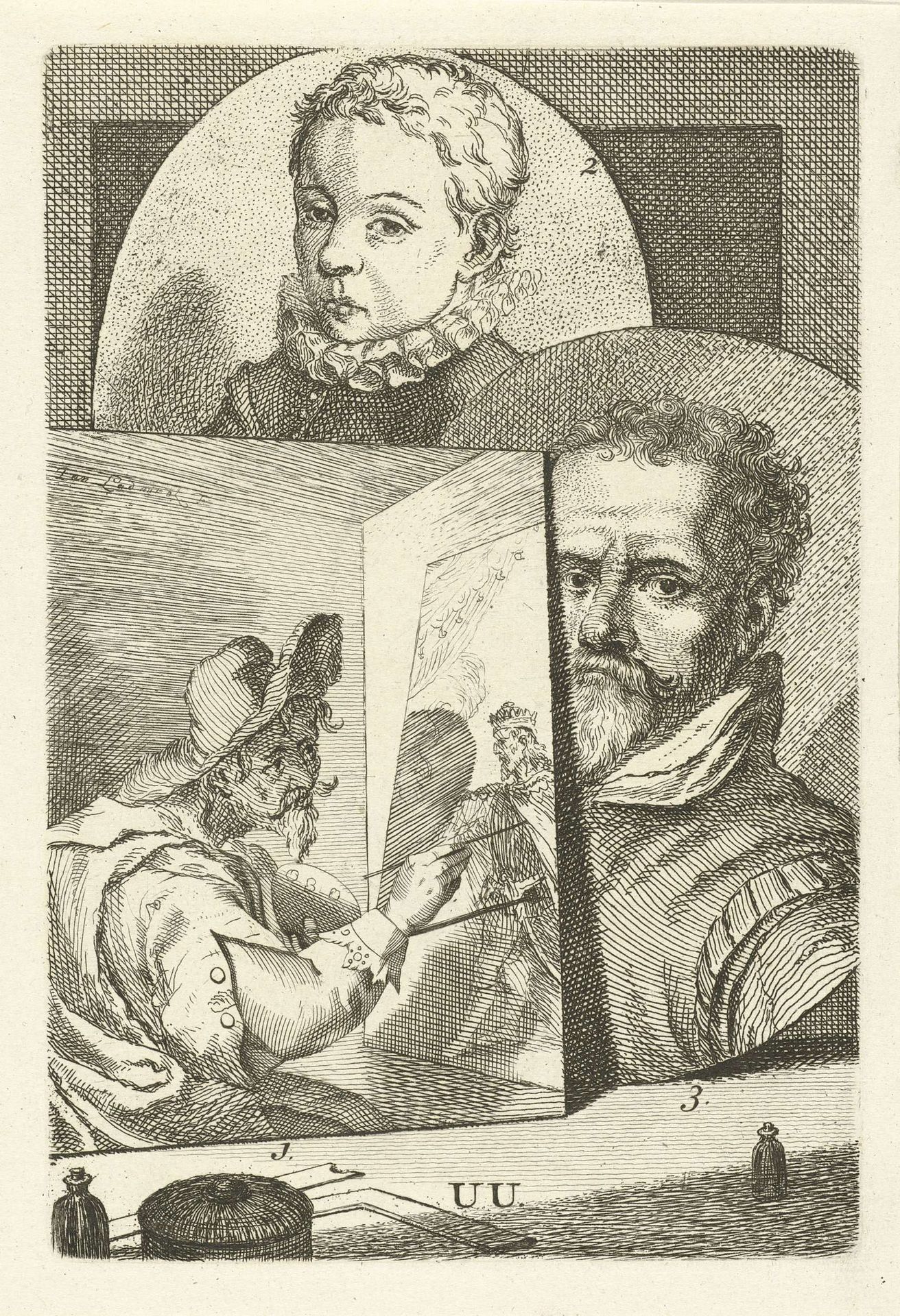 Portretten van Joachim Wtewael, Zacharias Dolendo en Hendrik de Keyser I by Jan l' Admiral
