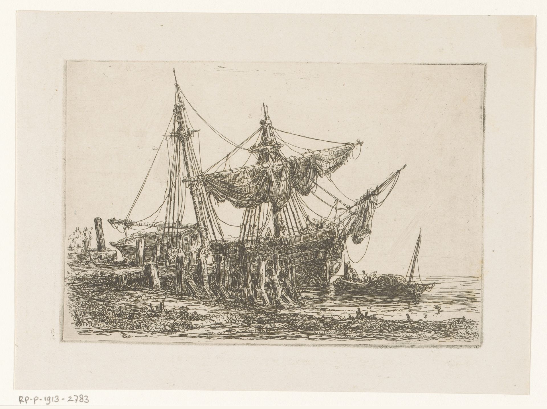 Steiger met half onttakeld schip en een sloep by Henri François Schaefels