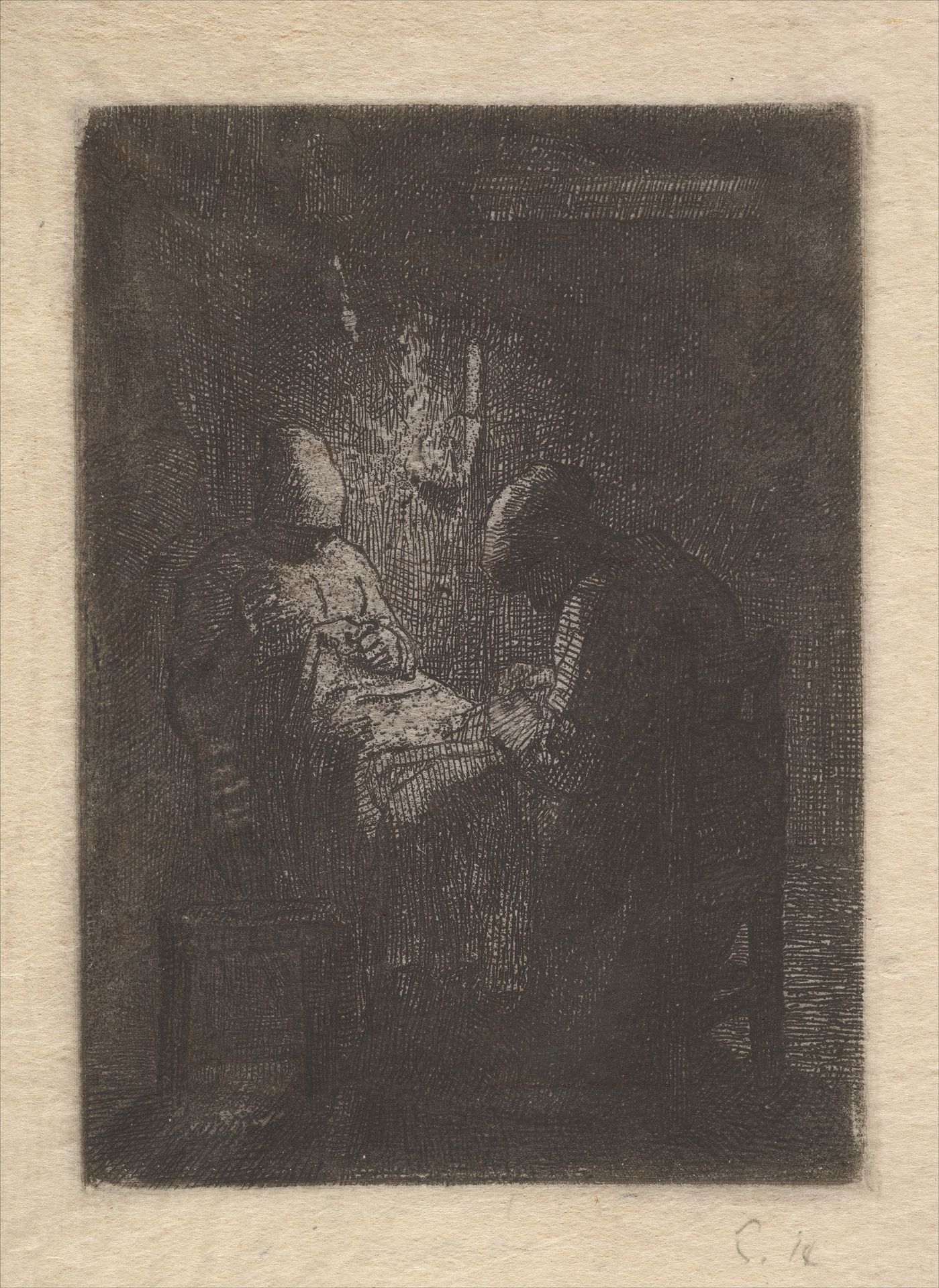 Two Women Sewing by Lamplight by Jean-François Millet