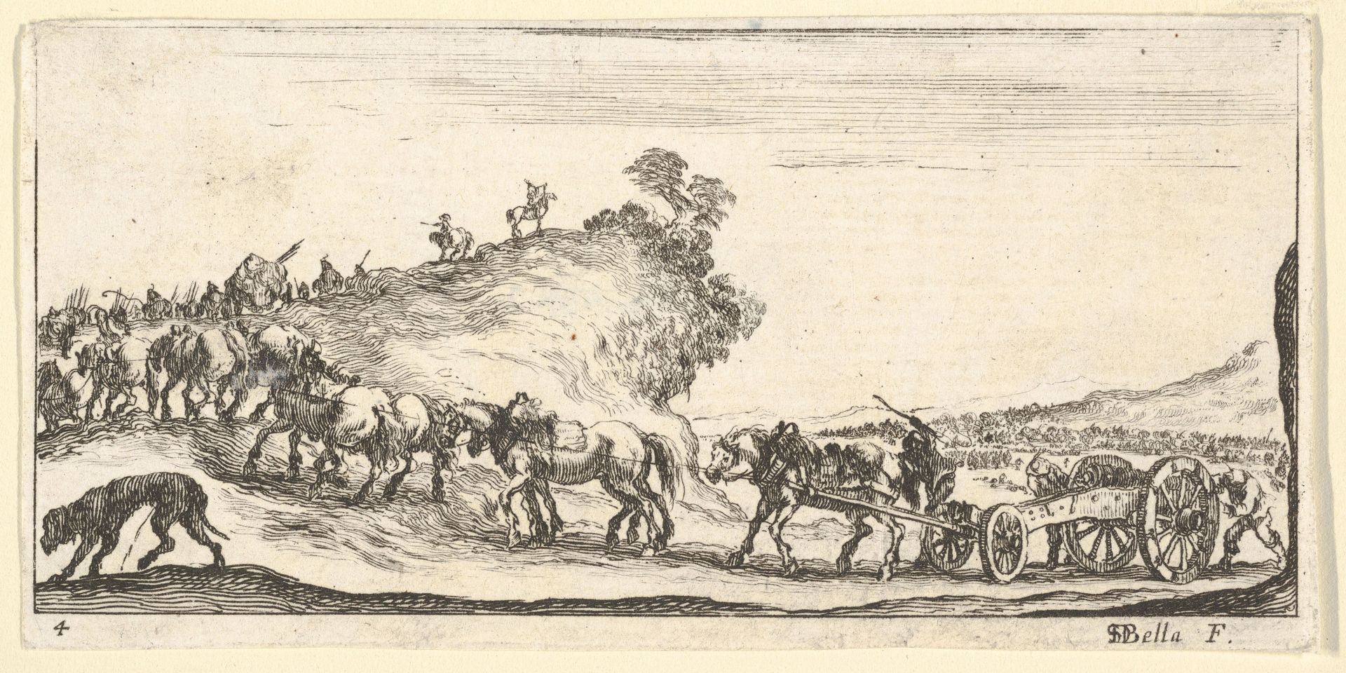 Plate 4: a procession of cannons and horses riding uphill towards the left, a dog at lower left, from Dessins de quelques conduites de troupes by Stefano della Bella