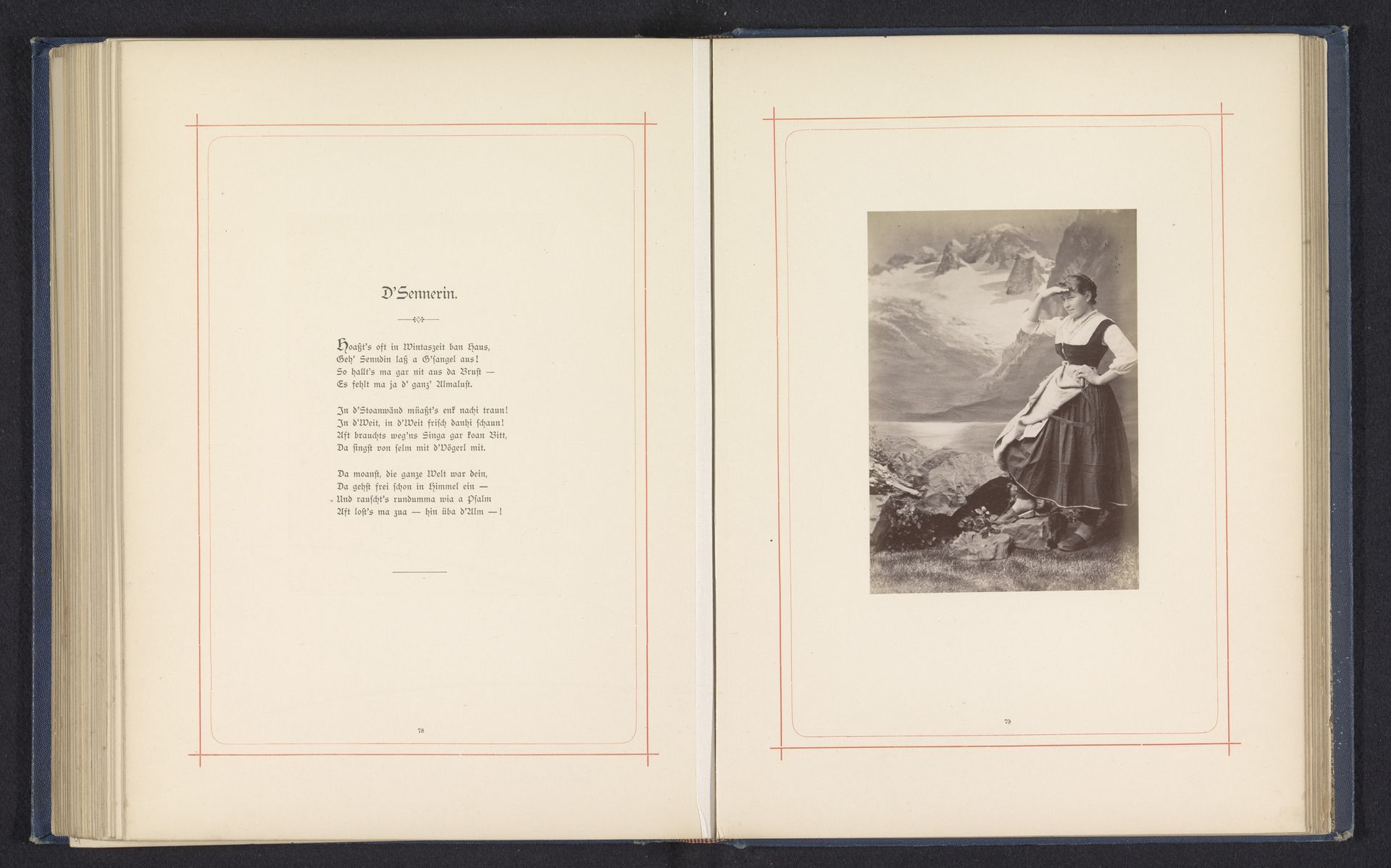 Studioportret van een onbekende vrouw in klederdracht voor een berglandschap by Max Balde