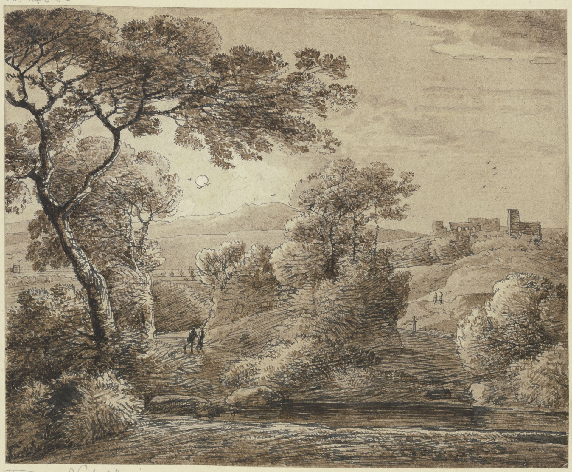 Bergige Landschaft, rechts eine Burgruine by Franz Kobell