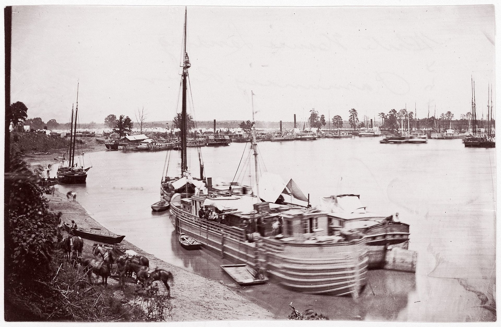 [Barges, Transports, and Horses, White House Landing, Pamunkey River, Virginia] by Timothy O'Sullivan