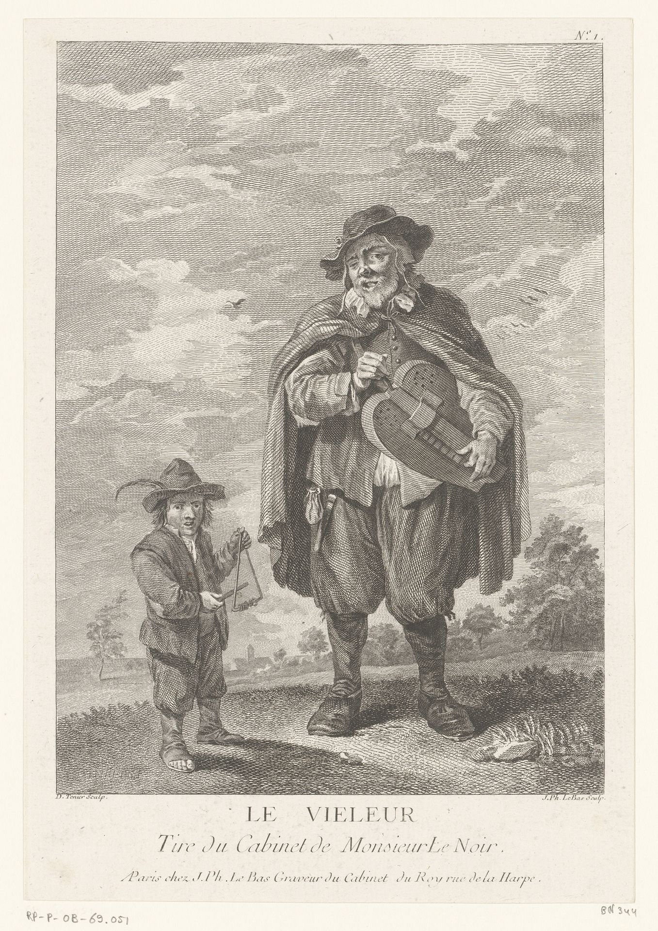Zingende man met draailier en jongen met triangel by Jacques Philippe Le Bas