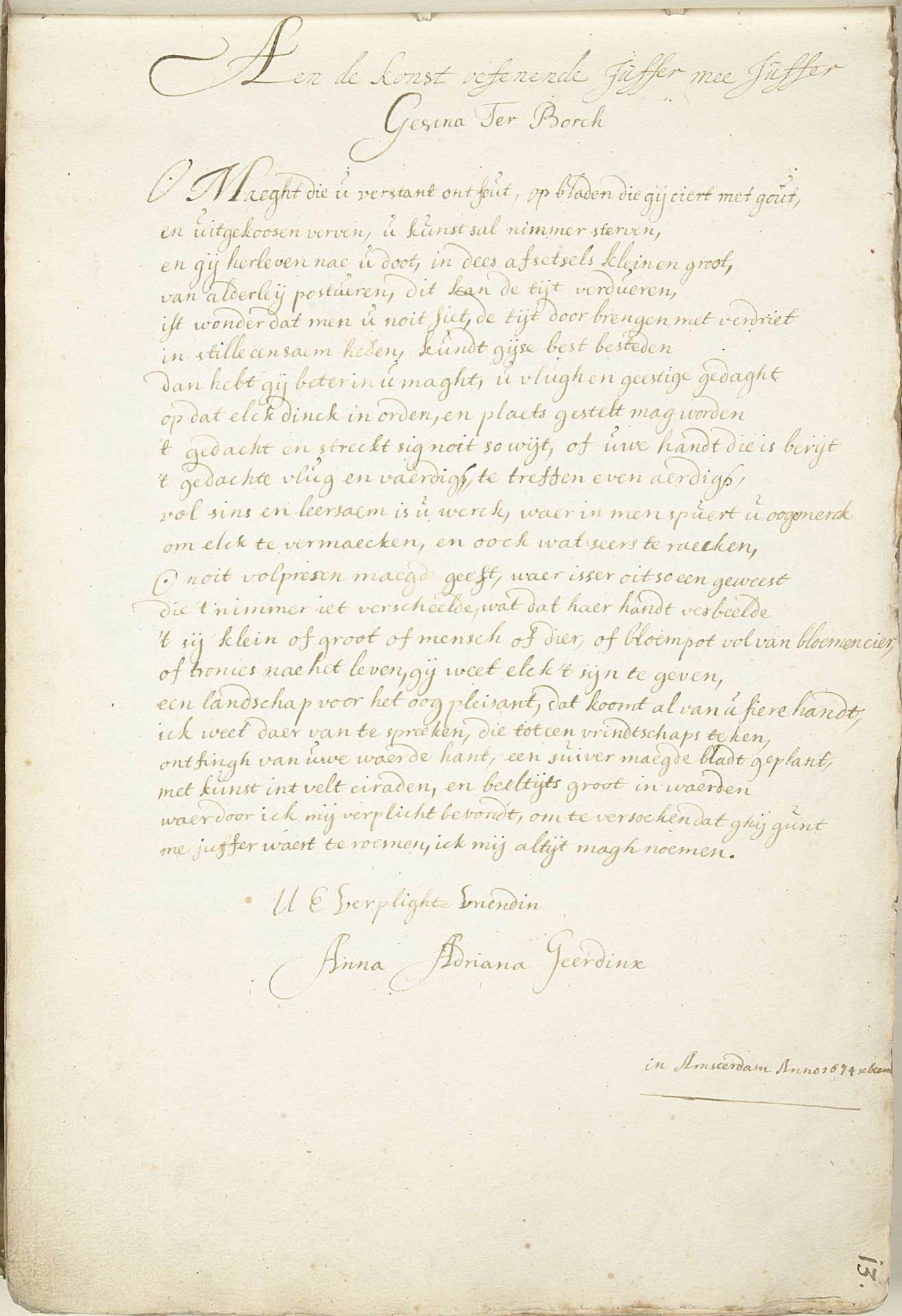 Gedicht over de kunstbeoefening van Gesina ter Borch by Anna Adriana Geerdinx