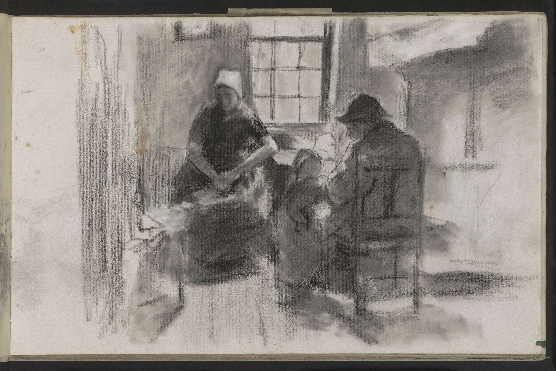 Man, vrouw en kind in het interieur van een boerenwoning by Albert Neuhuys