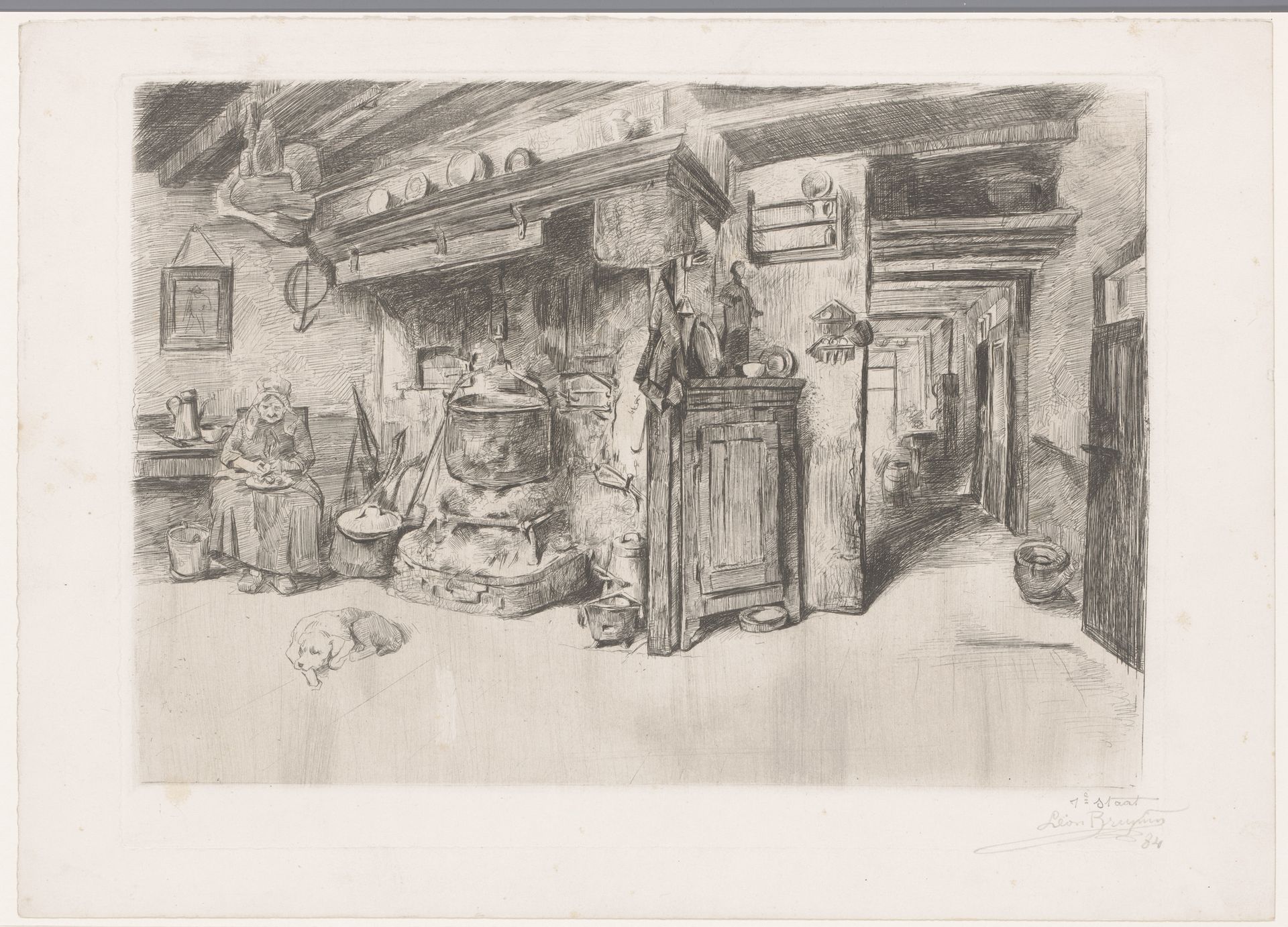 Oude boerin in de keuken by Léon Brunin
