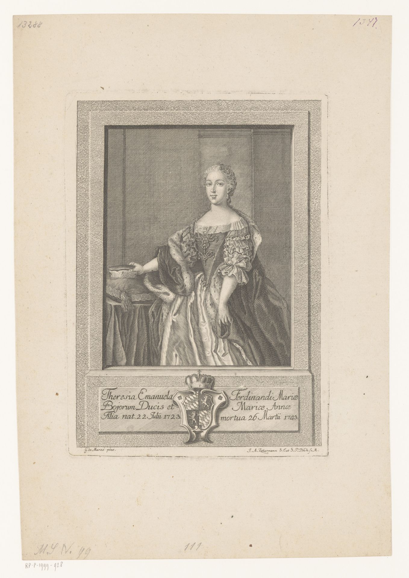 Portret van Theresia Emanuela van Beieren by Joseph Anton Zimmermann