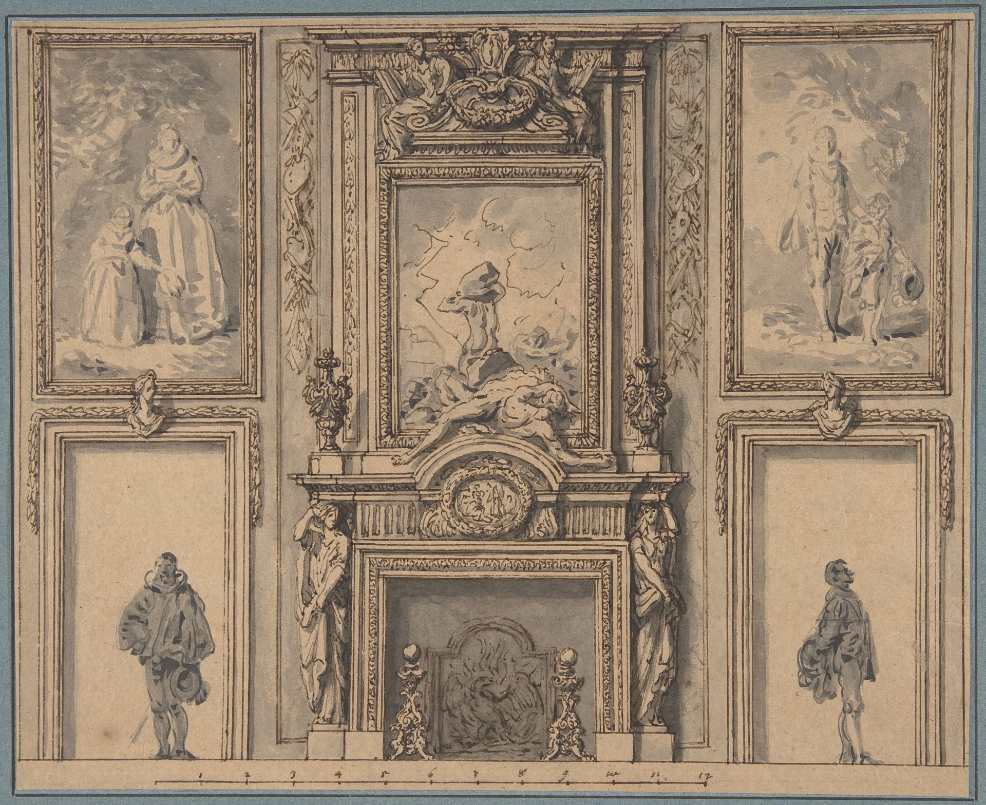 Design for a Wall Decoration with Chimneypiece and Two Figures by Antoine Le Pautre