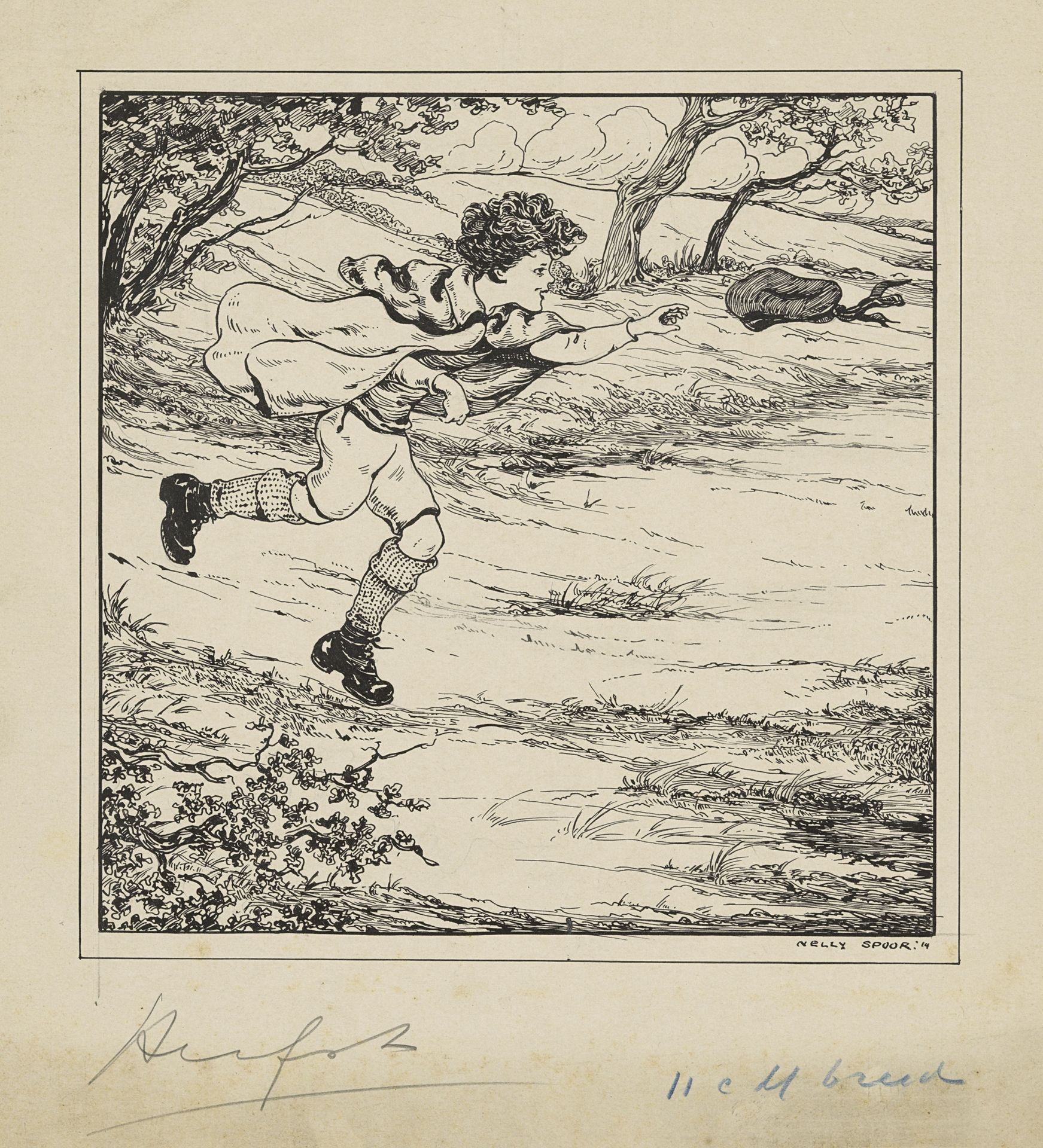 Jongen rent zijn hoed achterna in een landschap by Nelly Spoor