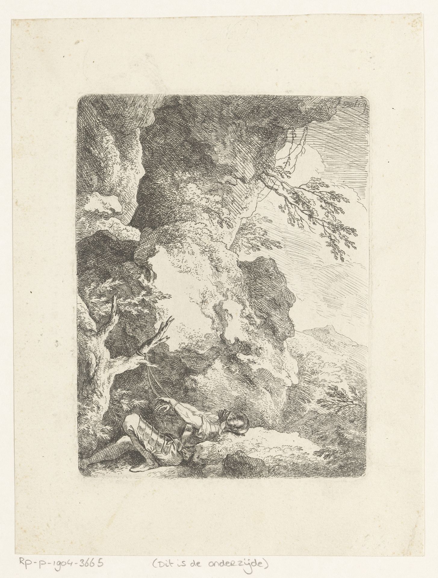 Rotspartij met links de heilige Willem van Maleval, liggend met de handen aan een tak gebonden by Christian Wilhelm Ernst Dietrich