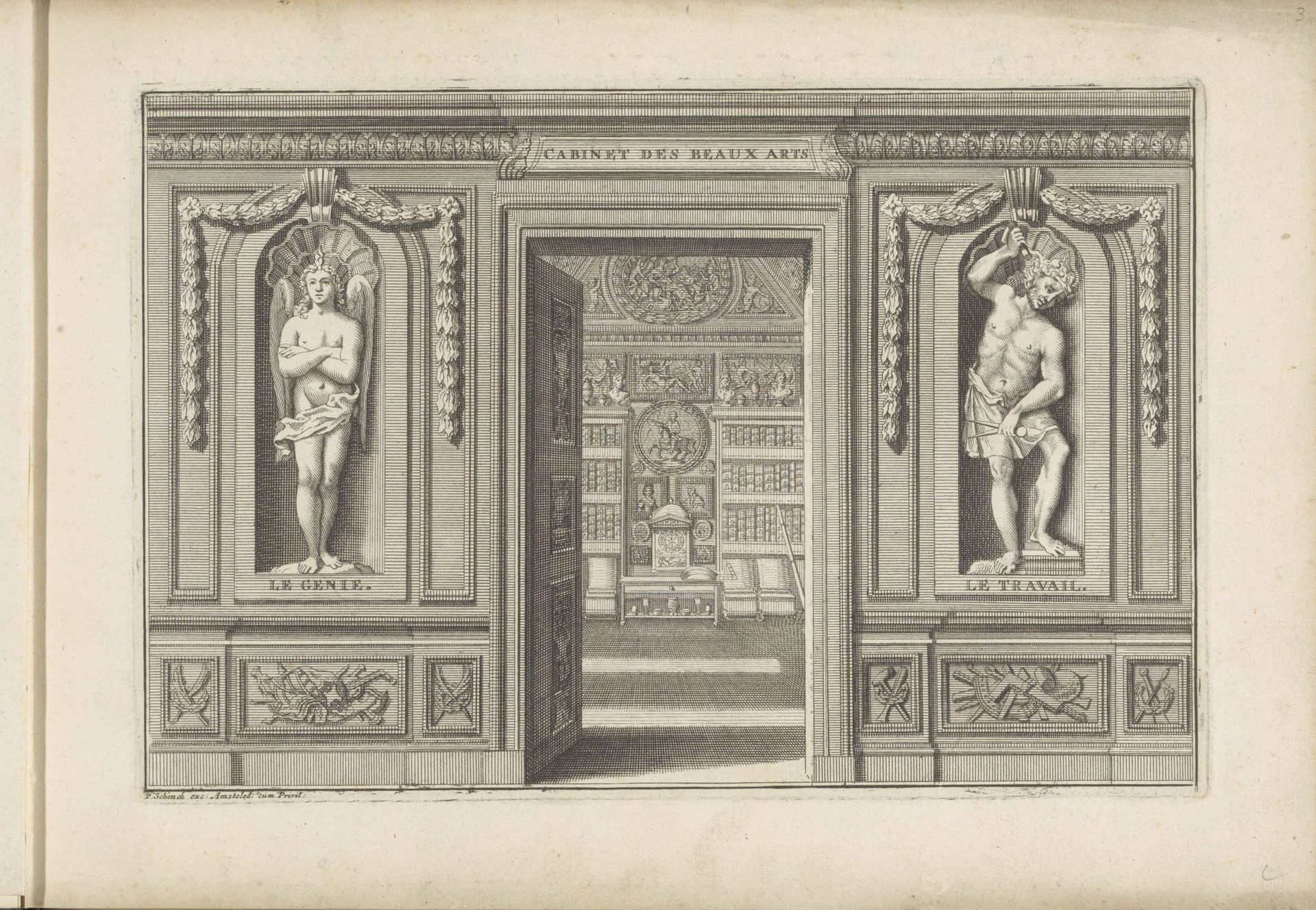 Geopende deur naar een kunstkamer met aan weerszijden beelden van de personificaties van het Genie en Werk by Pieter Sluyter