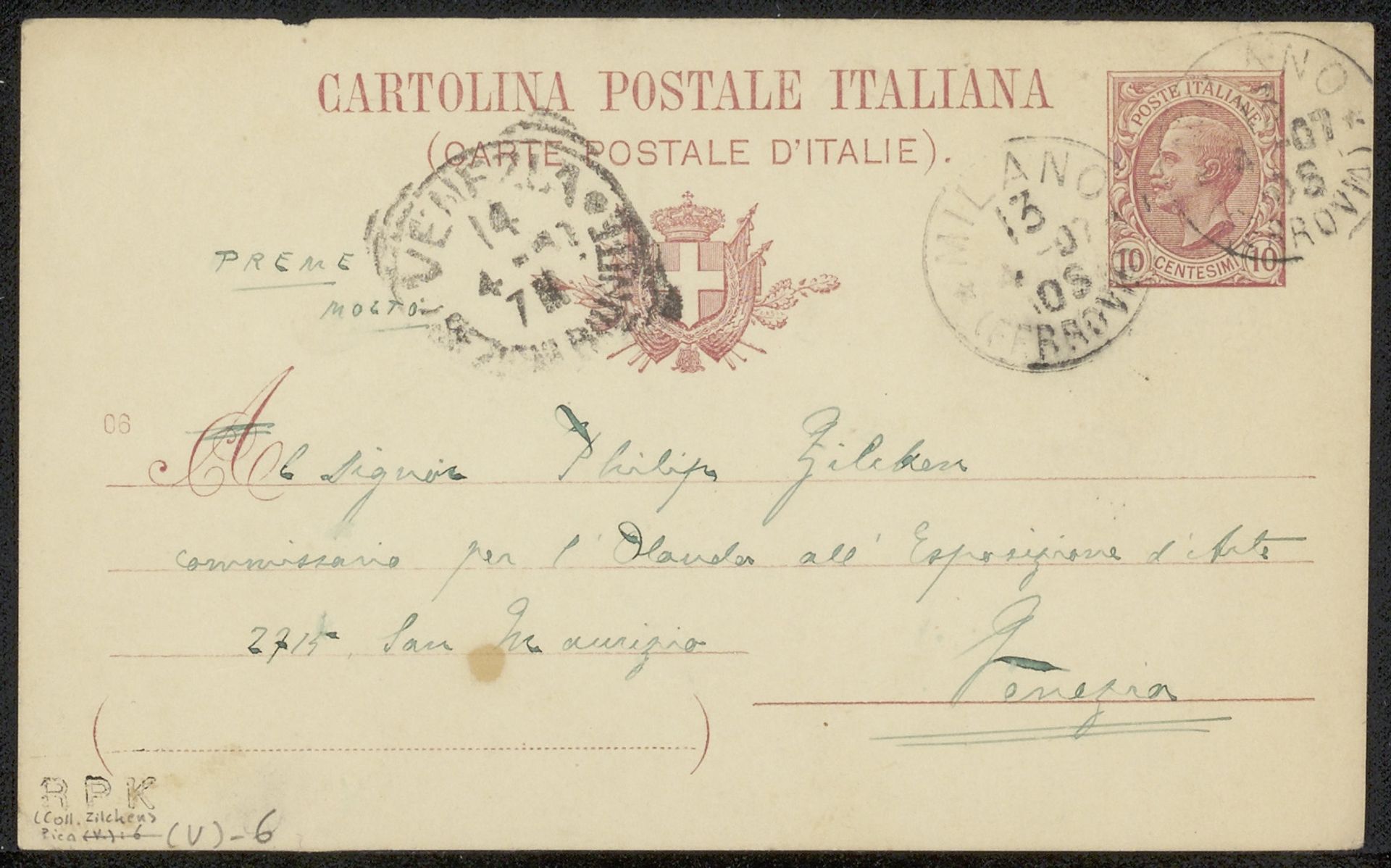 Briefkaart aan Philip Zilcken by Vittorio Pica