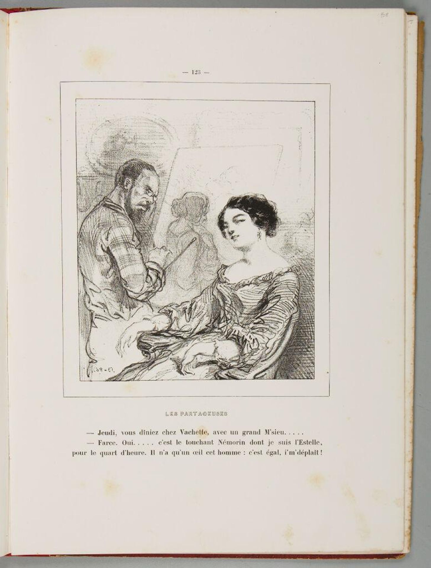 Thursday, you dined at Vachette's, with a grand Monsieur ... That's a joke! Yes, he's the touching NÃ©morin [Forest?] of which I am the Estelle [deer?], for a quarter of an hour. He has only one eye, that man: it's equal, he displeases me!, p. 123 by Paul Gavarni
