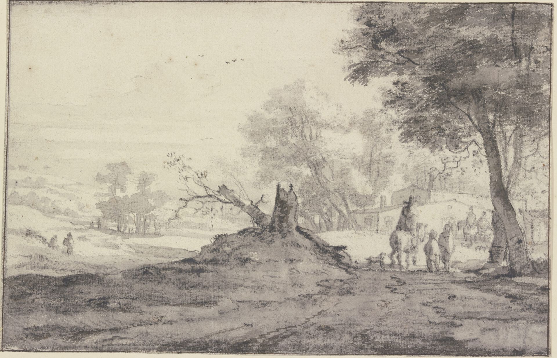 Landschaft mit Bäumen und Häusern, in der Mitte die Reste eines abgehauenen Baumes, Reiter und Fußgänger by Roelant Roghman