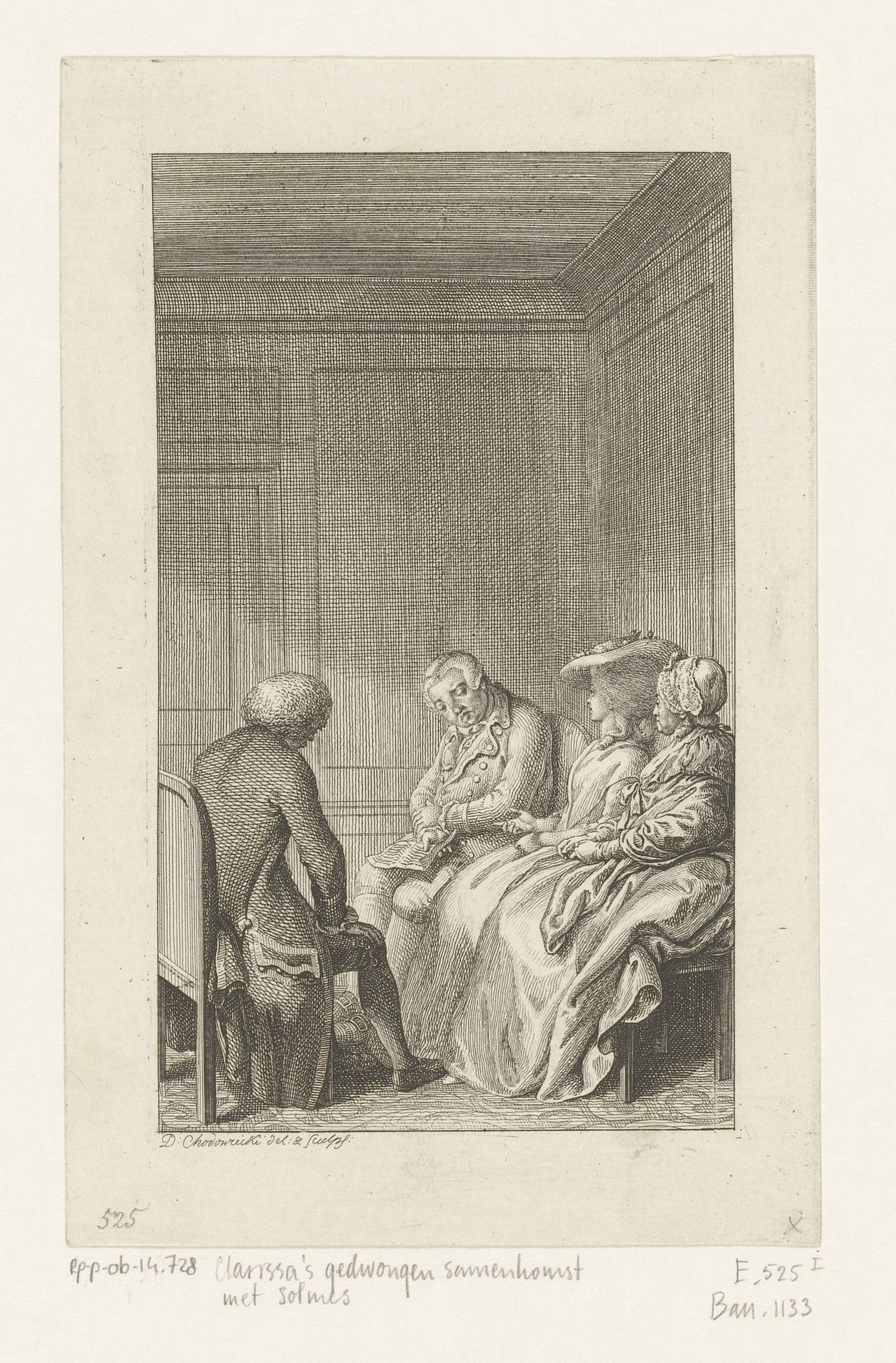Clarissa's gedwongen samenkomst met Solmes by Daniel Nikolaus Chodowiecki