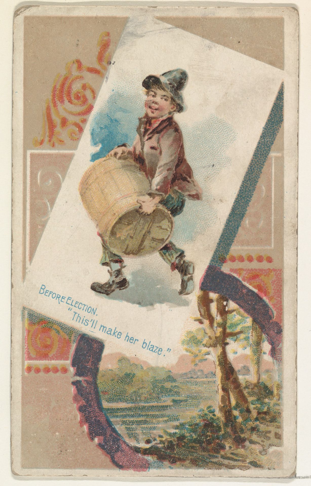 Before Election, "This'll make her blaze," from the Terrors of America set (N136) issued by Duke Sons & Co. to promote Honest Long Cut Tobacco by W. Duke, Sons & Co.