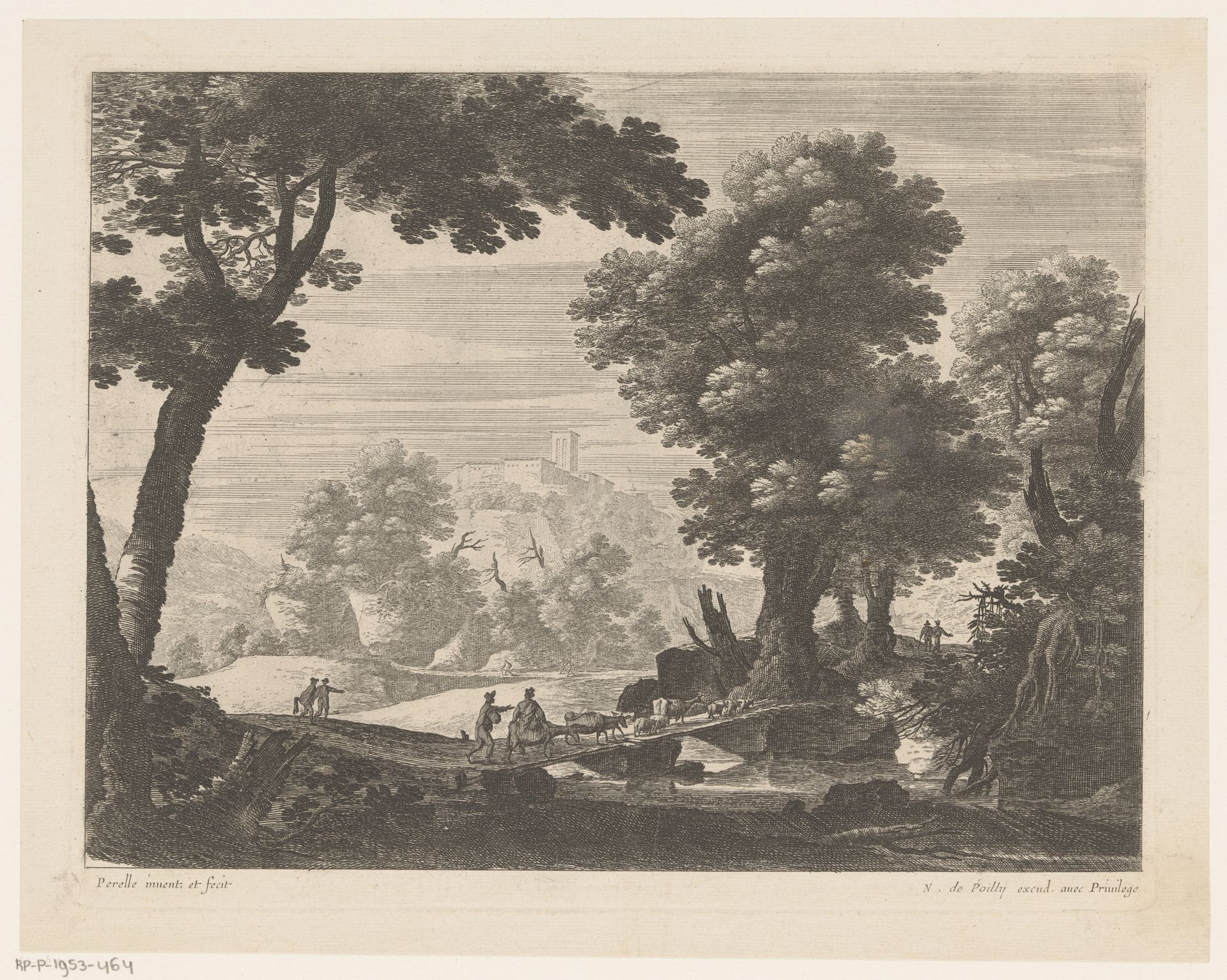 Herders met kudde op houten brug by Nicolas Perelle