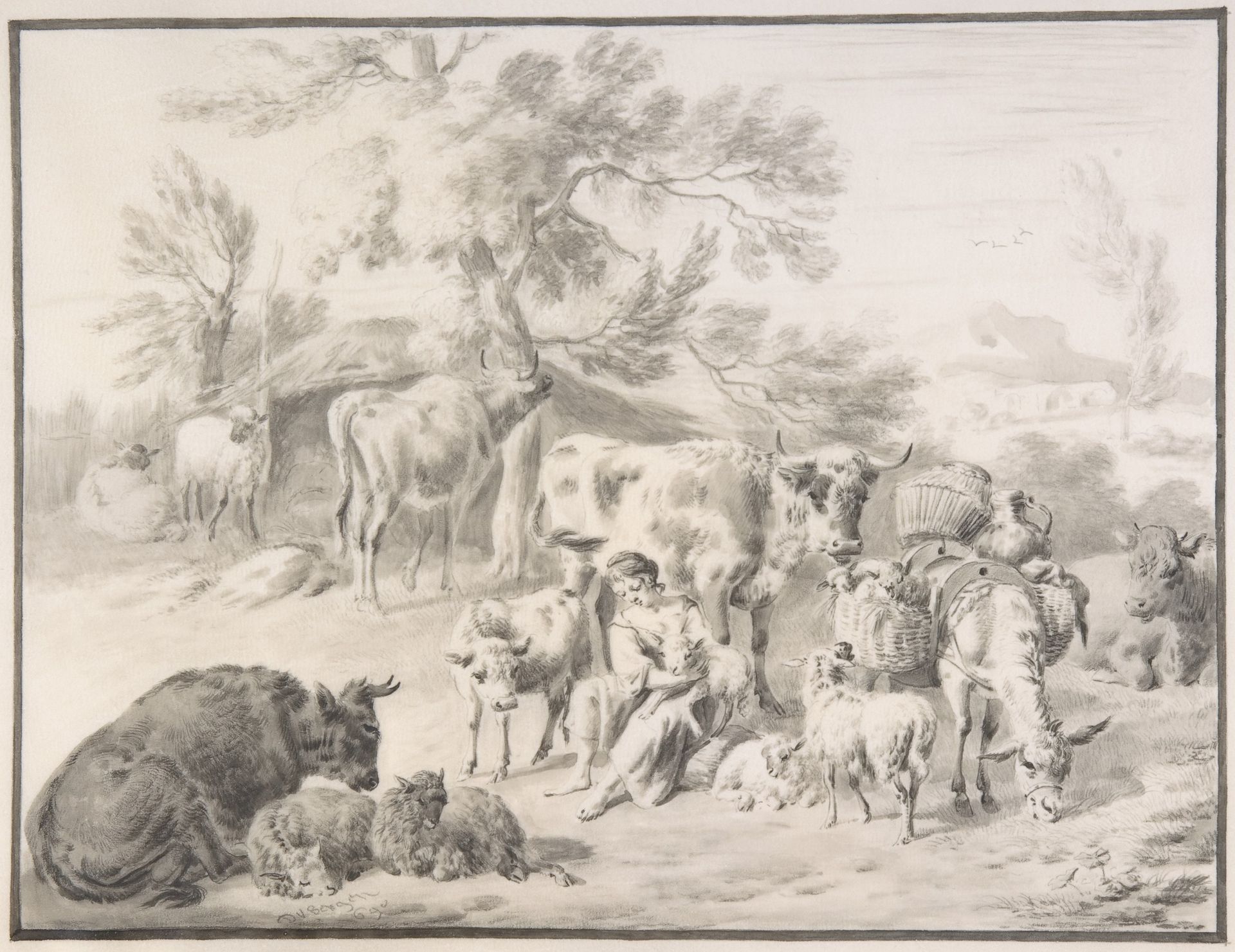 A Herdswoman Seated Amongst Her Animals, with a Lamb in Her Arms by Dirck van Bergen