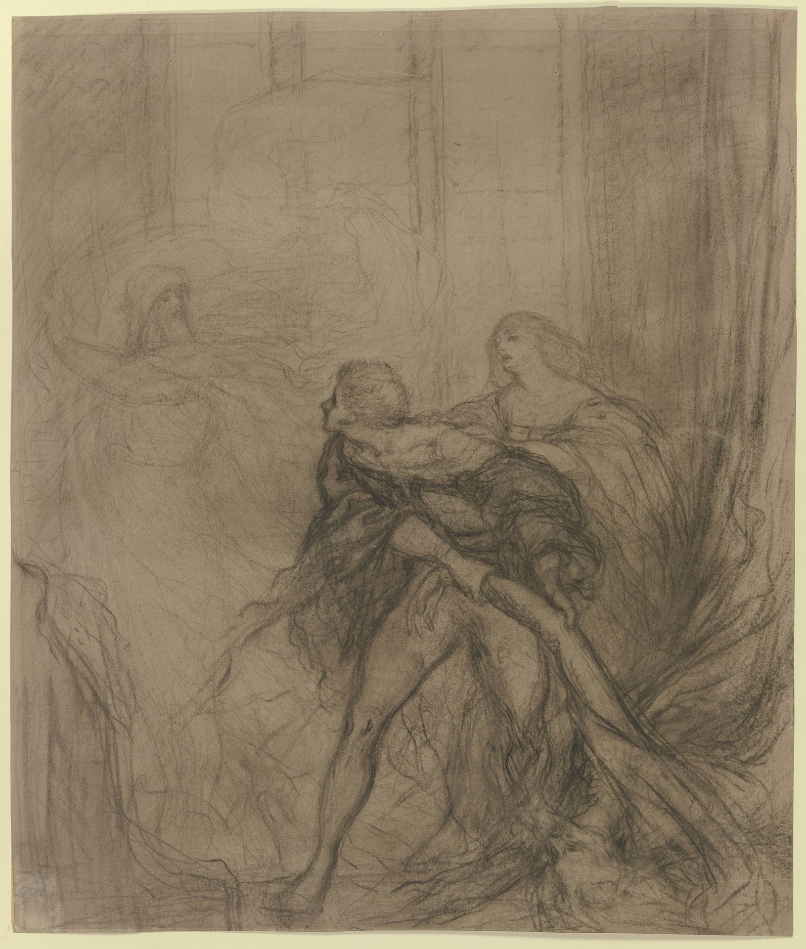 Hamlet mit seiner Mutter Gertrude und dem hinter einem Vorhang getöteten Polonius, im Hintergrund der Geist des Vaters, seine Forderung nach Rache erneuernd by Victor Müller